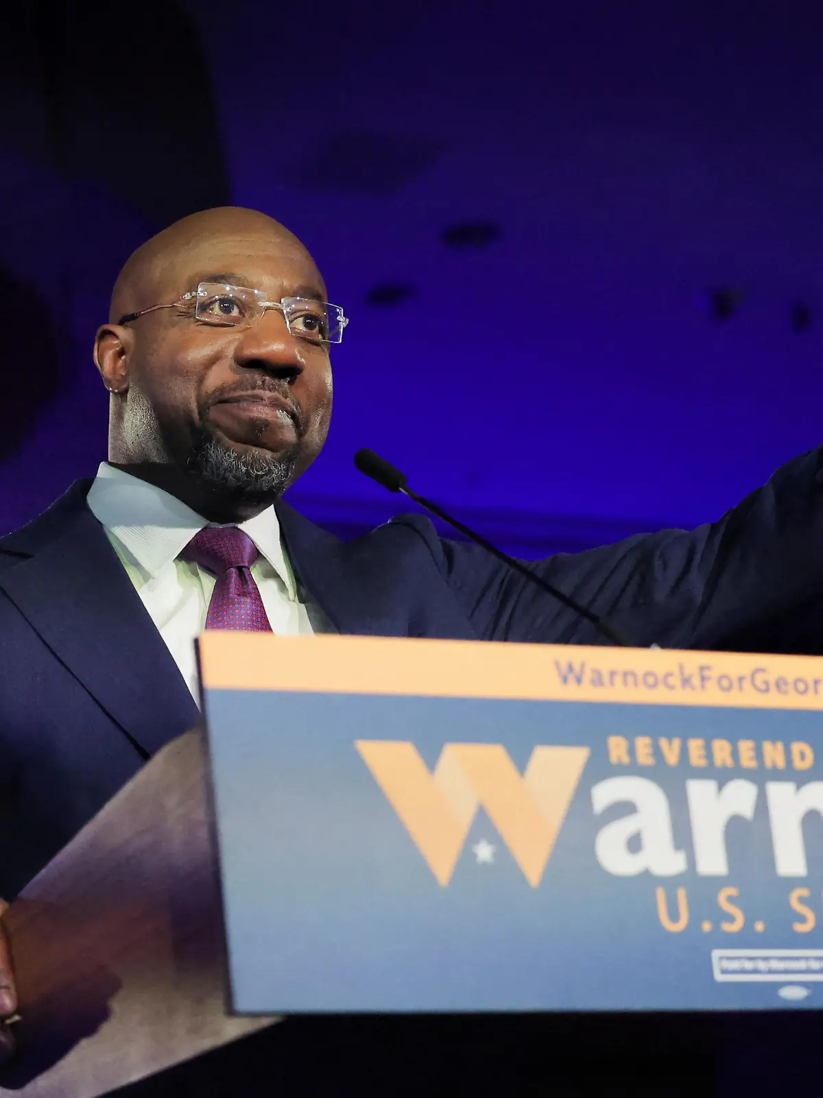 U.S. Senator Raphael Warnock (D-GA) speaks during an election night party after a projected win in the U.S. midterm runoff election between Warnock and his Republican challenger Herschel Walker in Atlanta, Georgia, U.S., December 6, 2022. REUTERS/Carlos Barria
