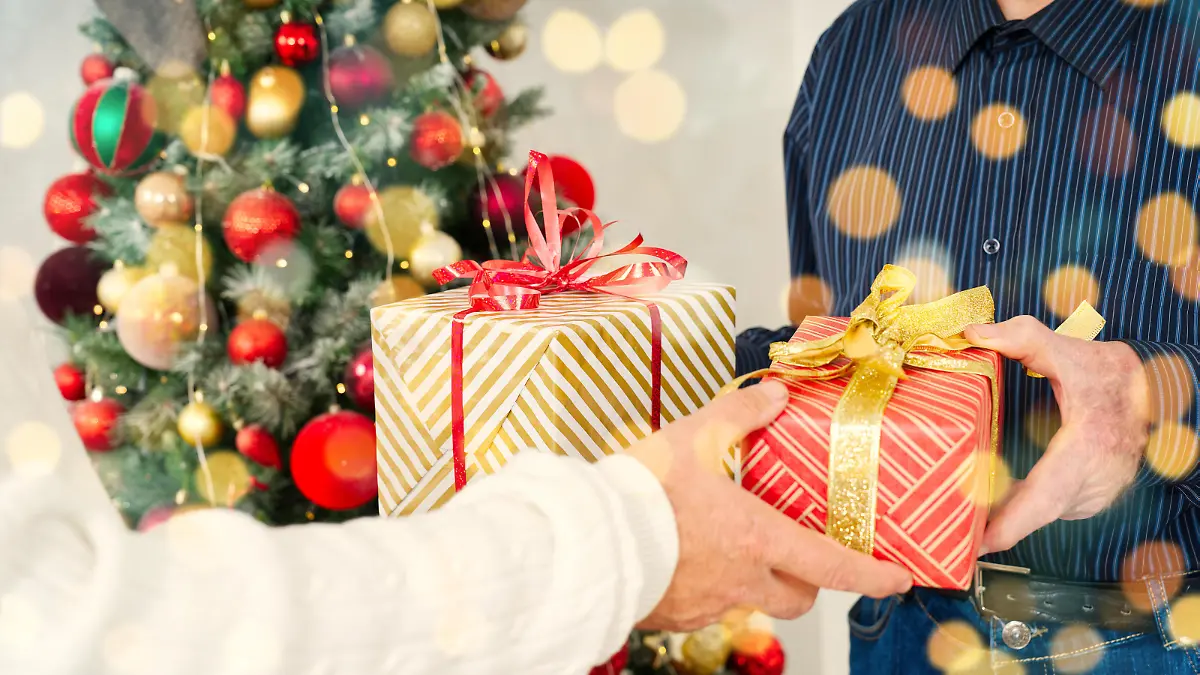 Gift Exchange in Front of Decorated Christmas Tree. Closeup of adult hands holding Christmas present in wrapping paper. Romantic day. Winter holidays. || Modellfreigabe vorhanden