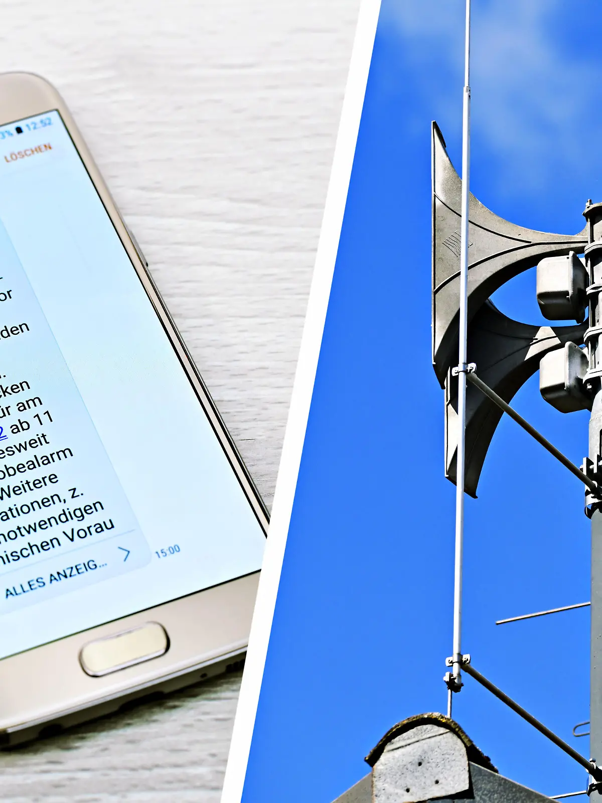 Smartphone mit SMS-Benachrichtigung über den Katastrophenwarntag und elektronische Sirene auf einem Dach / action press