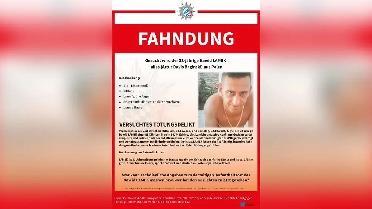 Die Polizei sucht Dawid Lamek wegen eines versuchten Tötungsdelikts.