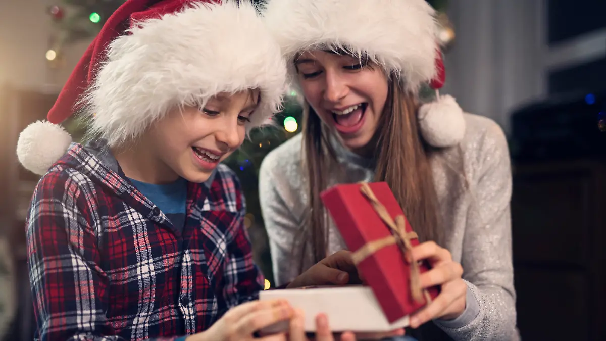 Two kids are having fun opening Christmas gift. Children are sitting by Christmas tree and wearing Christmas caps.
Nikon D850
