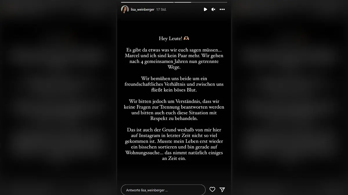 Lisa-Marie Weinberger äußert sich auf ihrem Instagram-Kanal zur Trennung.