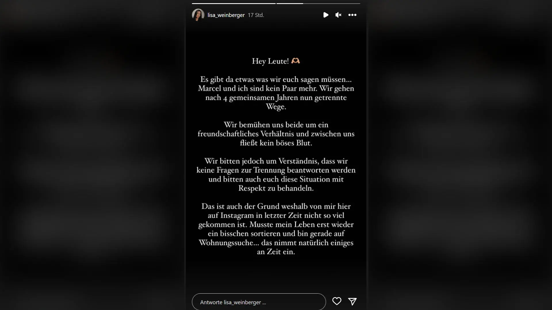 Lisa-Marie Weinberger äußert sich auf ihrem Instagram-Kanal zur Trennung.