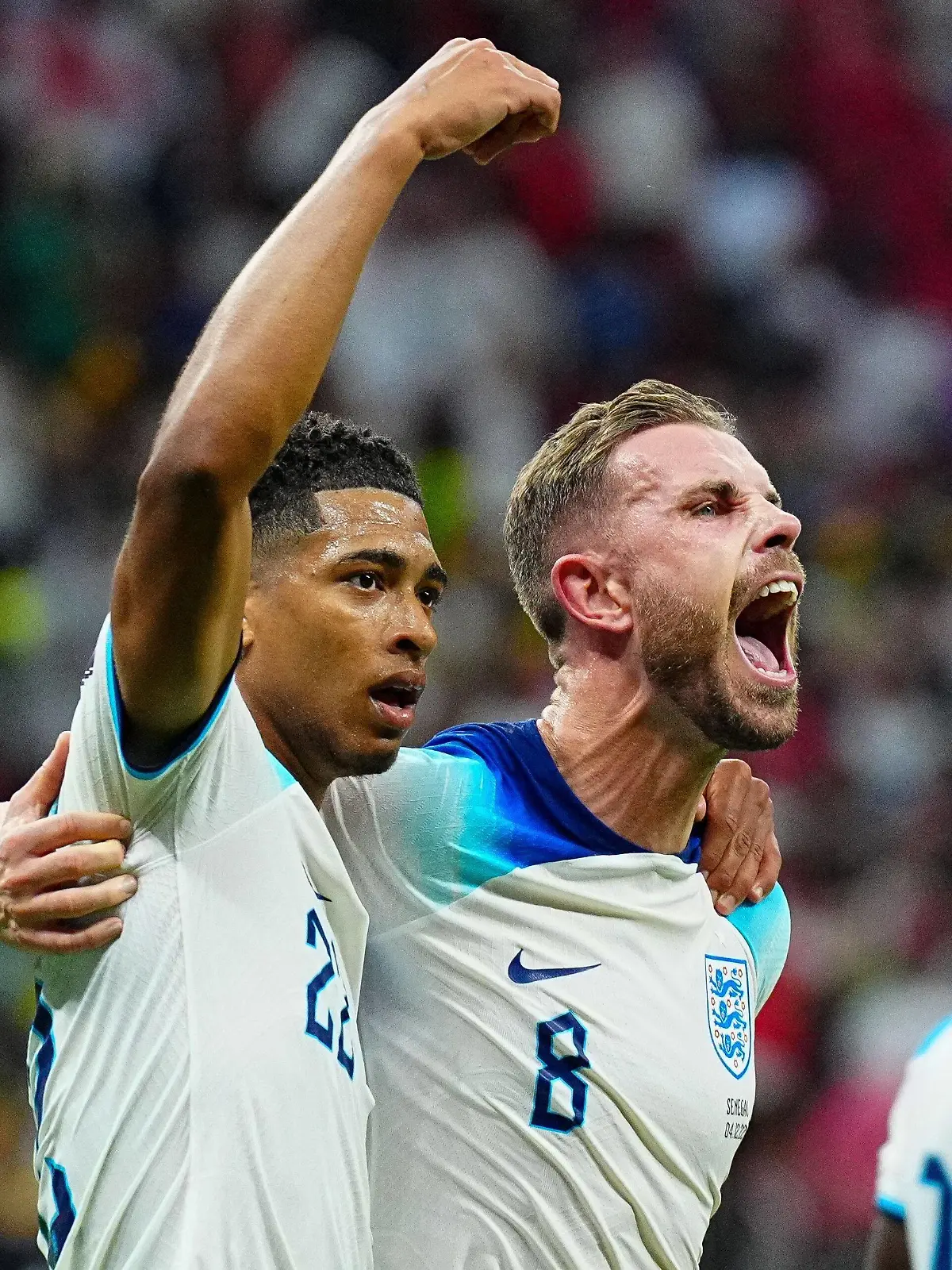  Mandatory Credit: Photo by Javier Garcia/Shutterstock 13647736ak Jordan Henderson of England celebrates his goal with team-mate Jude Bellingham of England, 1-0 England v Senegal, FIFA World Cup, WM, Weltmeisterschaft, Fussball 2022, Round of 16, Football, Al Bayt Stadium, Al Khor, Qatar - 04 Dec 2022 Editorial Use Only England v Senegal, FIFA World Cup 2022, Round of 16, Football, Al Bayt Stadium, Al Khor, Qatar - 04 Dec 2022 Editorial Use Only PUBLICATIONxINxGERxSUIxAUTxHUNxGRExMLTxCYPxROUxBULxUAExKSAxONLY Copyright: xJavierxGarcia/Shutterstockx 13647736ak