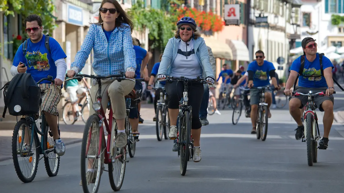 Radfahrer fahren am Sonntag (28.08.2011) in Deidesheim beim 26. Weinstraßen-Erlebnistag über die Weinstraße. Die 85 Kilometer lange Tourismusroute in der Pfalz wird für einen Tag für Autos und anderen motorisierten Verkehr weitgehend gesperrt. Die Weinorte an der Strecke locken mit Musik, Sport und Spiel, Winzerhöfe bieten Wein und regionale Speisen an. Foto: Uwe Anspach dpa/lrs  +++(c) dpa - Bildfunk+++