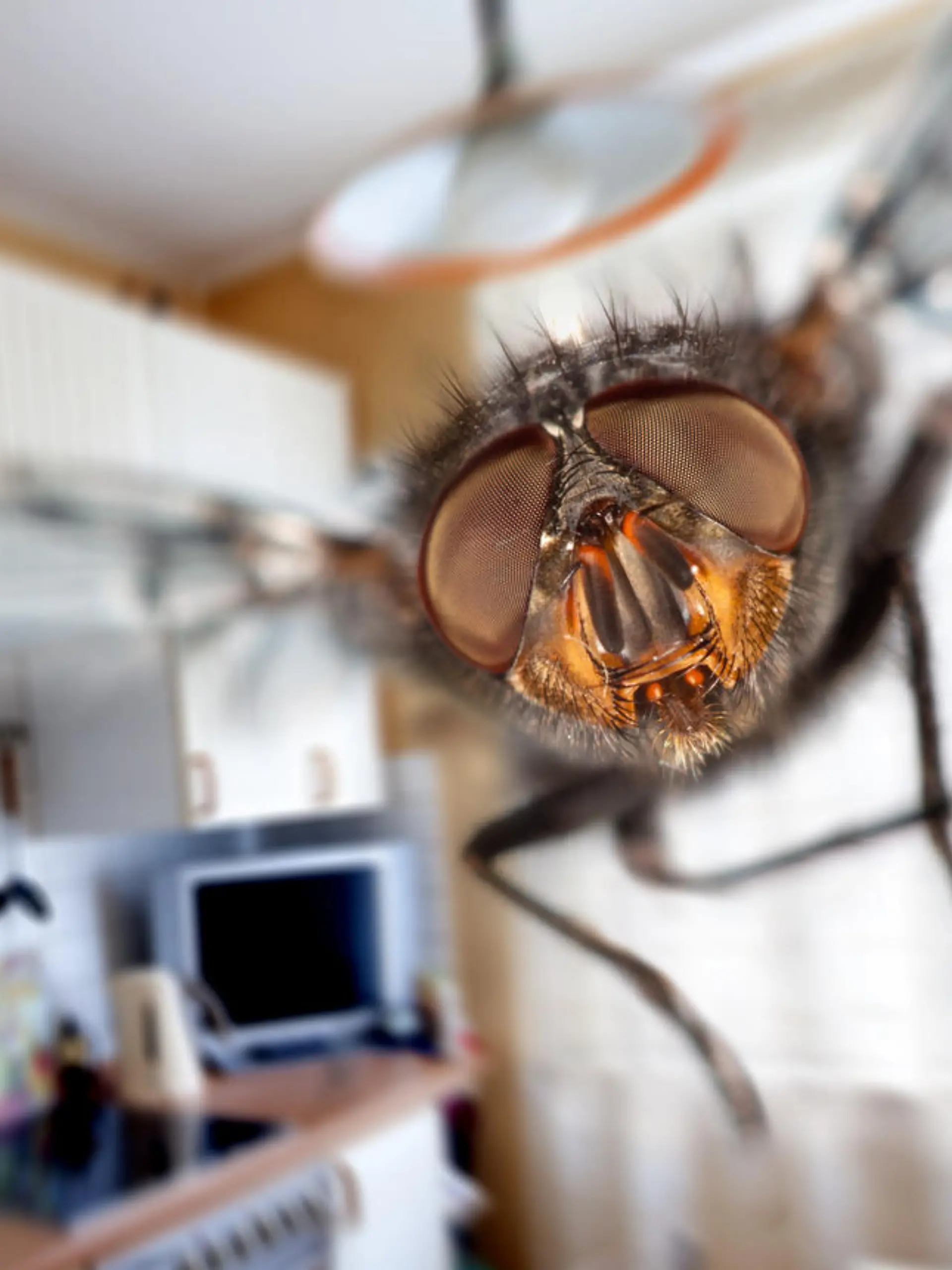 Housefly close-up. Flying in kitchen.