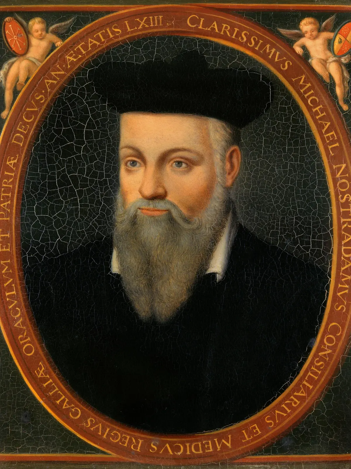C1346 , After Cesar Nostradamus (1555-1629), French School. Portrait of Michel de Nostre-Dame, called Nostradamus (1503-1566), Astrologist. Oil on canvas, 0.18 x 0.13 m. Versailles, Chateaux de Versailles et de Trianon. Nostradamus Cesar ( 1555 - 1629 ) Ec. Fr. ( d apres ) , Portrait de Nostradamus ; Michel de Nostredame , astrologue ( 1503 - 1566 ) ( huile sur toile 0,18 x 0,13 m ) , Versailles . Musee Du Chateau PUBLICATIONxINxGERxSUIxAUTxHUNxONLY PhotoxJossexChristophel 1018_05_c1346  