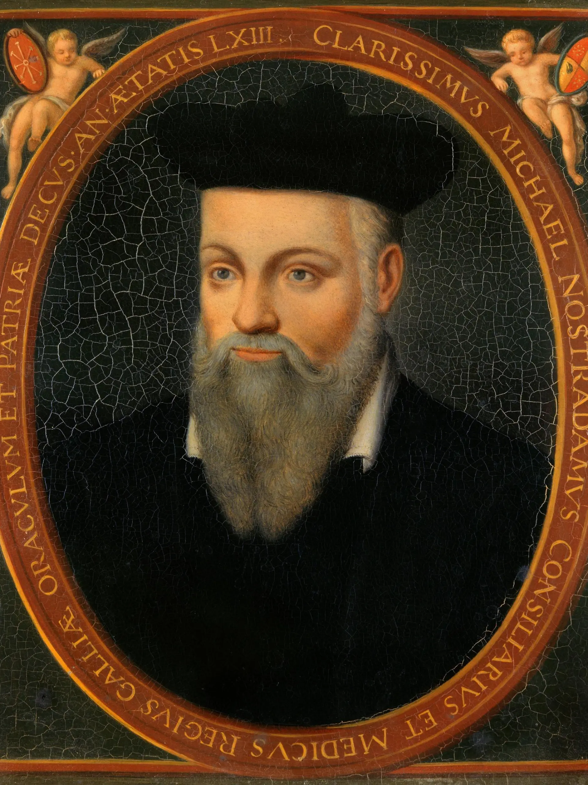C1346 , After Cesar Nostradamus (1555-1629), French School. Portrait of Michel de Nostre-Dame, called Nostradamus (1503-1566), Astrologist. Oil on canvas, 0.18 x 0.13 m. Versailles, Chateaux de Versailles et de Trianon. Nostradamus Cesar ( 1555 - 1629 ) Ec. Fr. ( d apres ) , Portrait de Nostradamus ; Michel de Nostredame , astrologue ( 1503 - 1566 ) ( huile sur toile 0,18 x 0,13 m ) , Versailles . Musee Du Chateau PUBLICATIONxINxGERxSUIxAUTxHUNxONLY PhotoxJossexChristophel 1018_05_c1346  