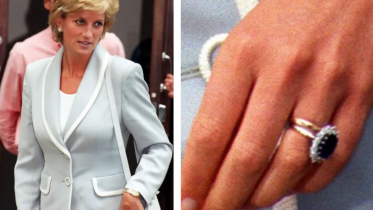 ARCHIV - Die Kombo zeigt Prinzessin Diana, die am 28.08.1996 ihren Verlobungsring mit Saphiren und Diamanten und ihren Ehering bei einem Besuch des English National Ballet in London trägt und eine Nahaufnahme der Ringe. Prinz William hat Kate Middleton bei der Verlobung in Kenia jenen Ring an den Finger gesteckt, den einst auch seine Mutter Lady Diana getragen hat. Das gab Clarence House bekannt, das Büro des Prinzen. Der Ring ist mit blauem Saphir und Diamanten besetzt. dpa (zu dpa 0748 vom 16.11.2010).  +++(c) dpa - Bildfunk+++