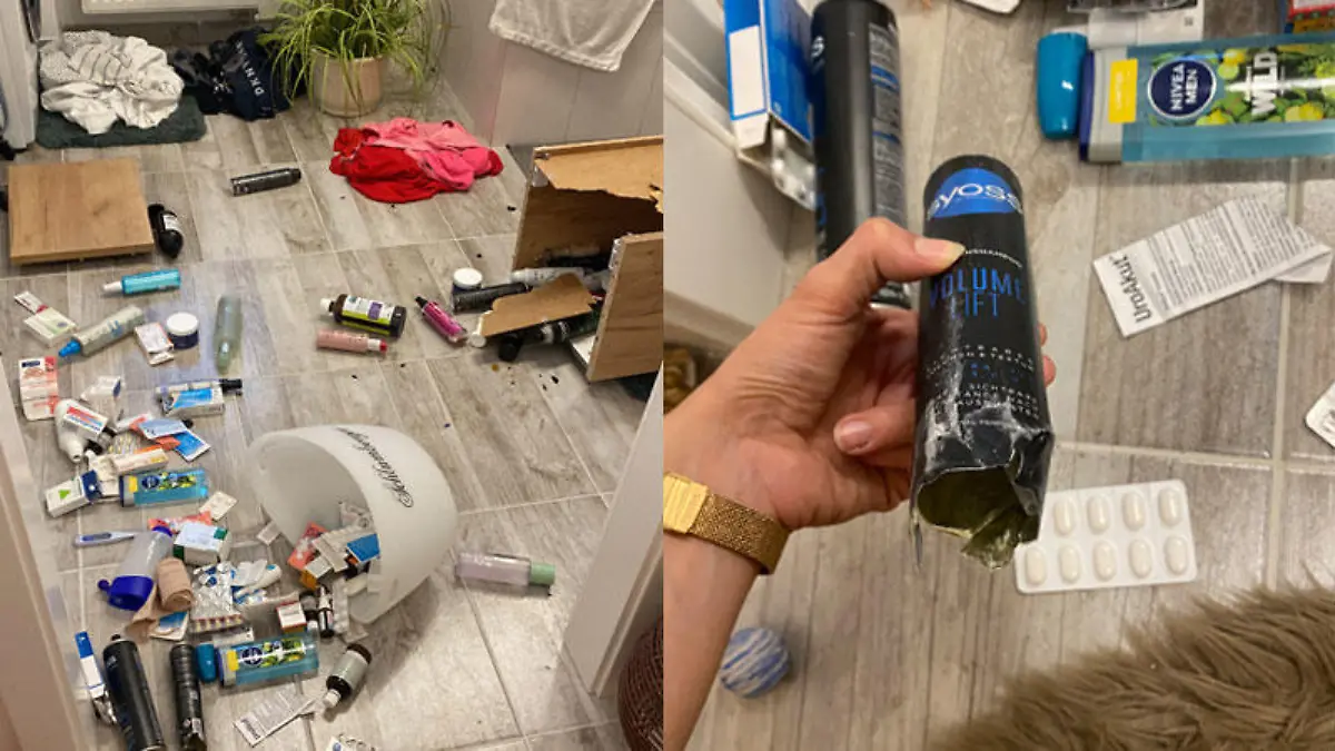 Theresa Gierlinger und Christoph Dikany finden ihr Badezimmer Ende Oktober nach Feierabend in diesem Zustand vor. Der Grund: Eine Trockenshampoo-Spraydose war explodiert.