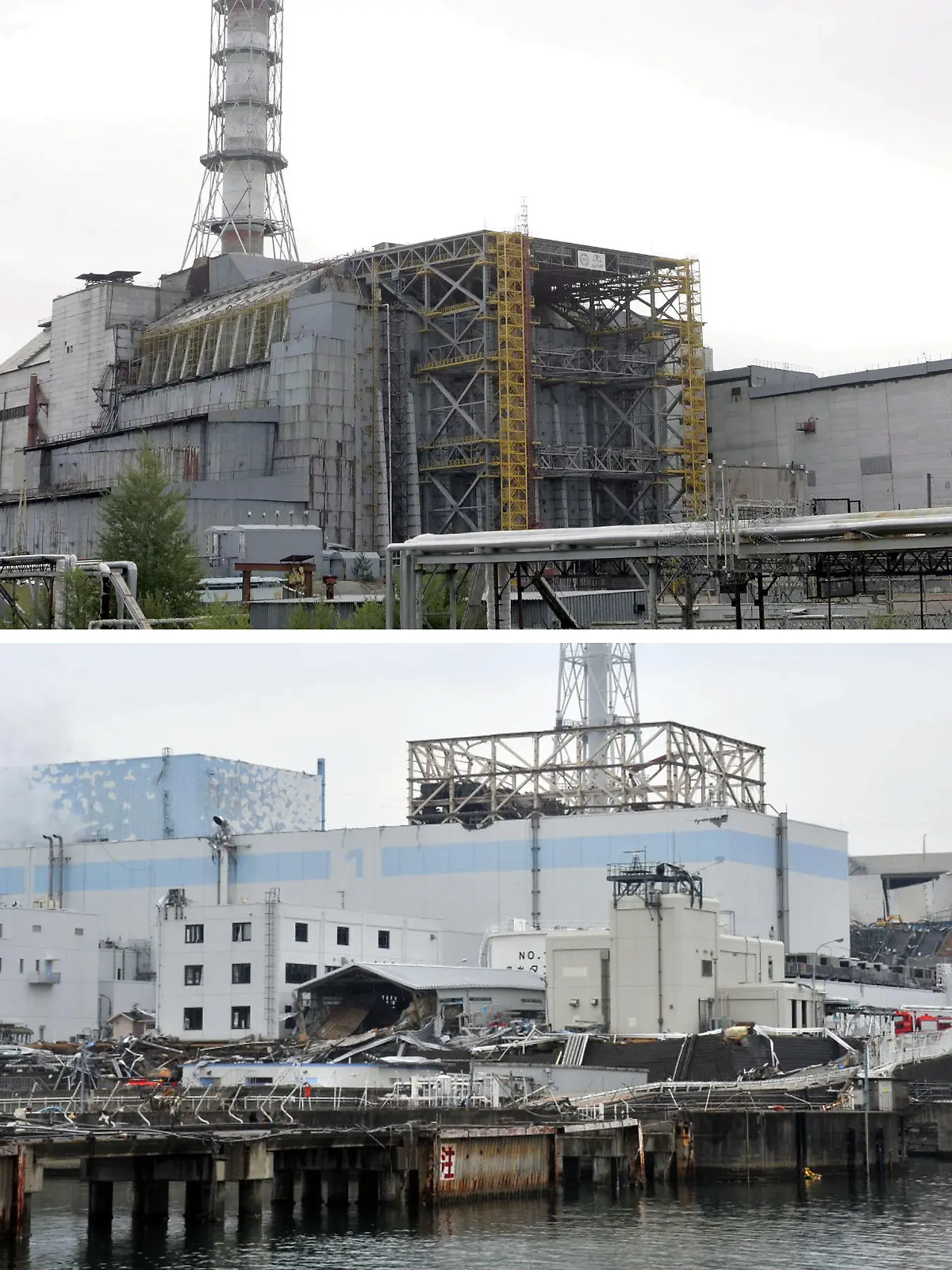 ARCHIV - Kombo mit Archivbildern zeigt den nach der Atom-Katastrophe von 1986 mit einer Schutzhülle ummantelten  Reaktorblock vier des Atomkraftwerks Tschernobyl in der Urkaine (17.09.2007, oben) und das nach dem Erdbeben und Tsunami vom 11.03.2011 schwer havarierte japanischen AKW Fukushima (Aufnahme vom 31.03.2011, unten). Japan hat die Gefahr des Atomstörfalls im Kraftwerk Fukushima (Aufnahme vom 11.03.2011 zeigt wie die Fluten des Tsunami das Gelände des Atomkraftwerkes überflutet haben) auf die höchste Stufe angehoben. Das gab die Atomaufsichtsbehörde in Tokio am Dienstag (12.04.2011) bekannt. Der Unfall hat damit jetzt die Einstufung 7, was bisher nur die schwere Tschernobyl-Katastrophe hatte. Bisher gilt für drei Meiler in Fukushima Eins die Stufe 5. Stufe 7 bedeutet, dass es Auswirkungen auf Gesundheit und Umwelt in einem weiten Umfeld gibt. EPA/SERGEY DOLZHENKO / TEPCO HANDOUT  +++(c) dpa - Bildfunk+++