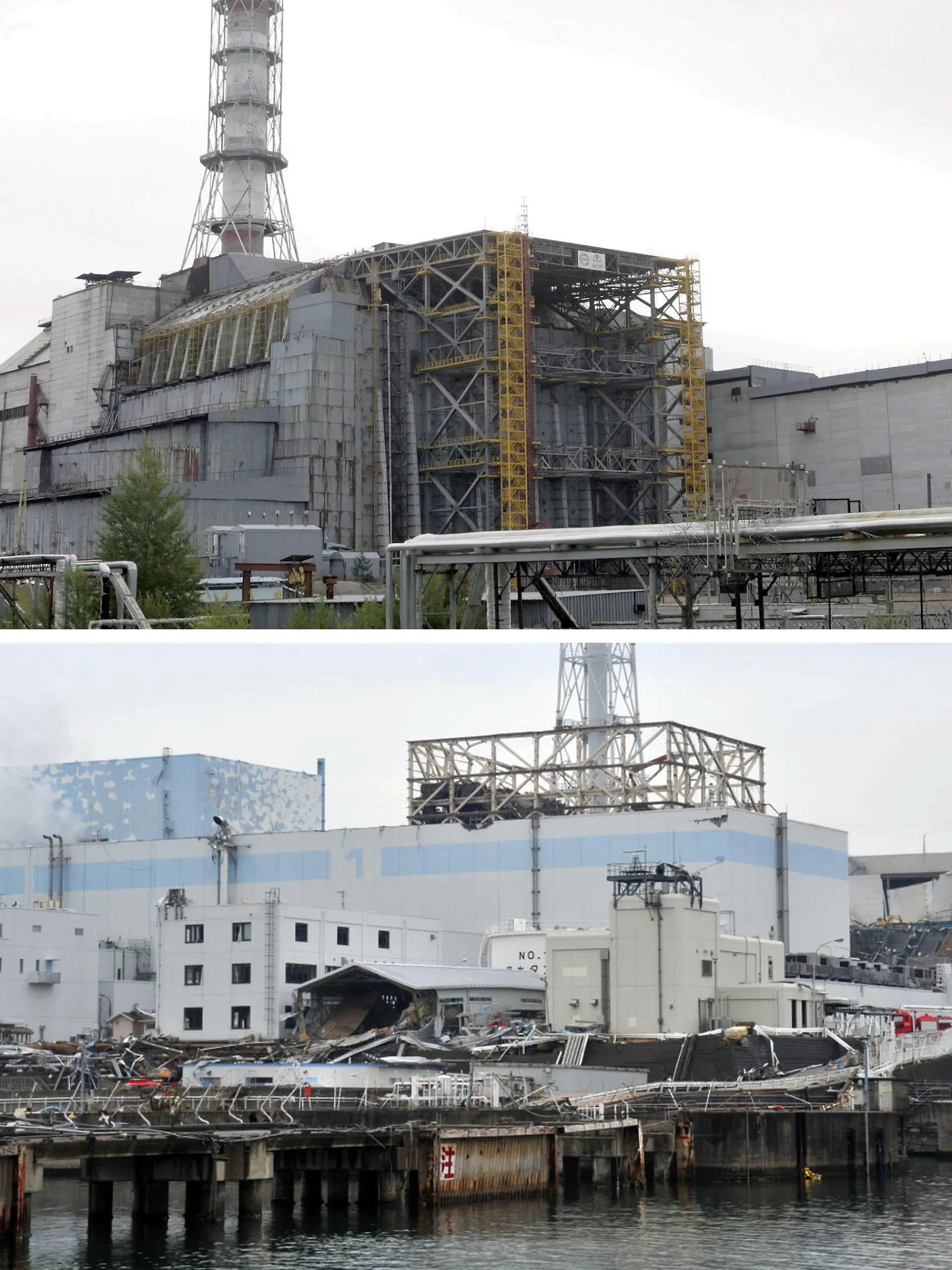 ARCHIV - Kombo mit Archivbildern zeigt den nach der Atom-Katastrophe von 1986 mit einer Schutzhülle ummantelten  Reaktorblock vier des Atomkraftwerks Tschernobyl in der Urkaine (17.09.2007, oben) und das nach dem Erdbeben und Tsunami vom 11.03.2011 schwer havarierte japanischen AKW Fukushima (Aufnahme vom 31.03.2011, unten). Japan hat die Gefahr des Atomstörfalls im Kraftwerk Fukushima (Aufnahme vom 11.03.2011 zeigt wie die Fluten des Tsunami das Gelände des Atomkraftwerkes überflutet haben) auf die höchste Stufe angehoben. Das gab die Atomaufsichtsbehörde in Tokio am Dienstag (12.04.2011) bekannt. Der Unfall hat damit jetzt die Einstufung 7, was bisher nur die schwere Tschernobyl-Katastrophe hatte. Bisher gilt für drei Meiler in Fukushima Eins die Stufe 5. Stufe 7 bedeutet, dass es Auswirkungen auf Gesundheit und Umwelt in einem weiten Umfeld gibt. EPA/SERGEY DOLZHENKO / TEPCO HANDOUT  +++(c) dpa - Bildfunk+++