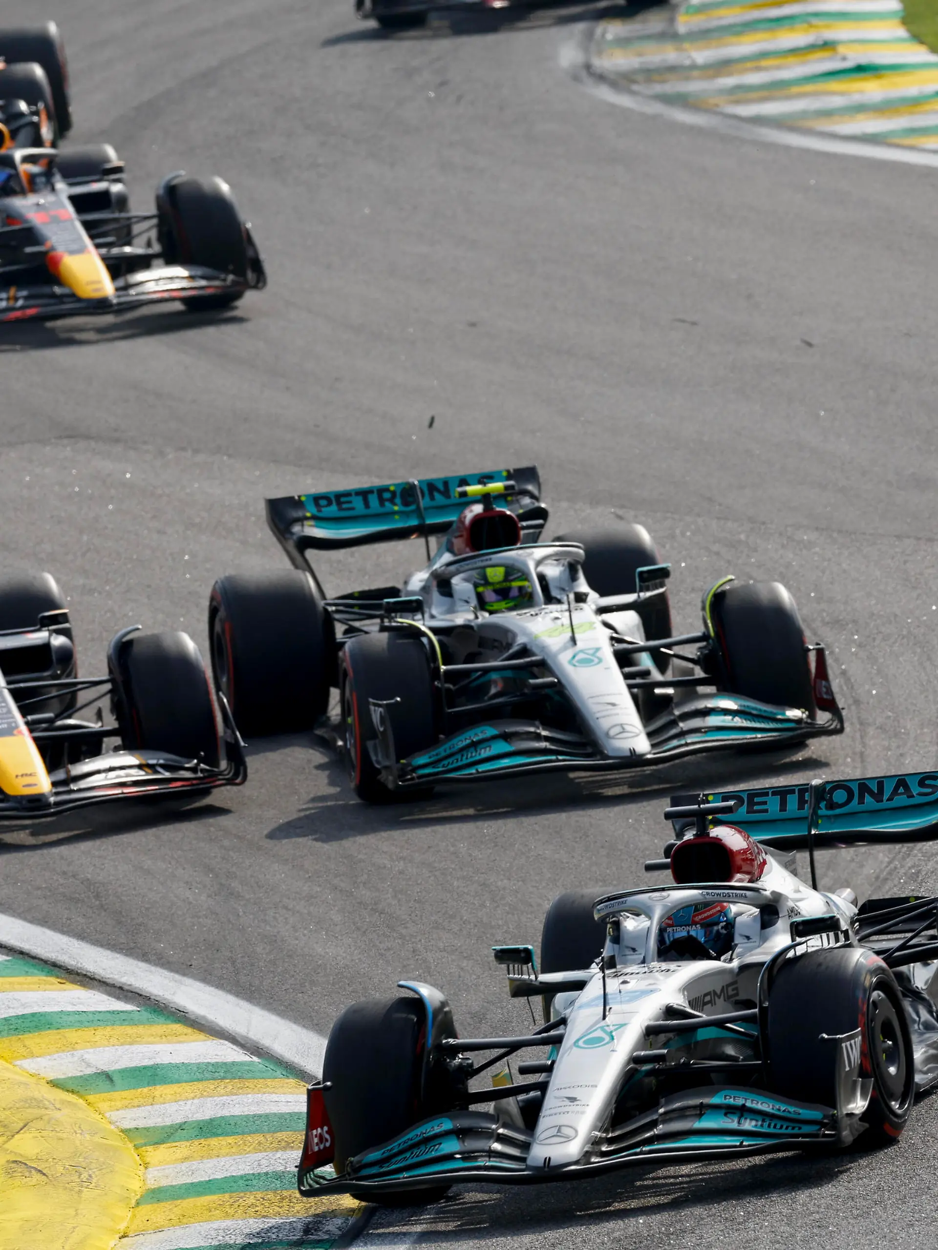  63 George Russell GBR, Mercedes-AMG Petronas F1 Team, 1 Max Verstappen NLD, Oracle Red Bull Racing, 44 Lewis Hamilton GBR, Mercedes-AMG Petronas F1 Team, F1 Grand Prix of Brazil at Autodromo Jose Carlos Pace on November 13, 2022 in Sao Paulo, Brazil. Photo by HOCH ZWEI Sao Paulo Brazil *** 63 George Russell GBR, Mercedes AMG Petronas F1 Team , 1 Max Verstappen NLD, Oracle Red Bull Racing , 44 Lewis Hamilton GBR, Mercedes AMG Petronas F1 Team , F1 Grand Prix of Brazil at Autodromo Jose Carlos Pace on November 13, 2022 in Sao Paulo, Brazil Photo by HOCH ZWEI Sao Paulo Brazil