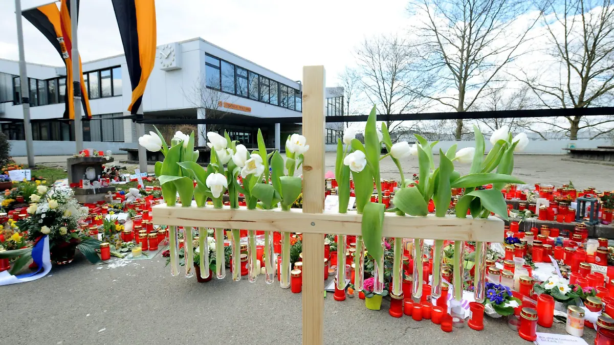 Ein Holzkreuz mit 16 weißen Tulpen steht am Freitag (20.03.2009) vor der Albertville Realschule in Winnenden. Der 17-jährige Tim K. hatte am 11.03.2009 an seiner früheren Schule, der Albertville-Realschule in Winnenden, und auf der Flucht nach Wendlingen fünfzehn Menschen und sich selbst erschossen. Am Samstag 21.03.2009 wird in der katholischen Kirche St. Karl Borromäus ein Gedenkgottesdienst abgehalten. Foto: Bernd Weißbrod dpa/lsw +++(c) dpa - Bildfunk+++