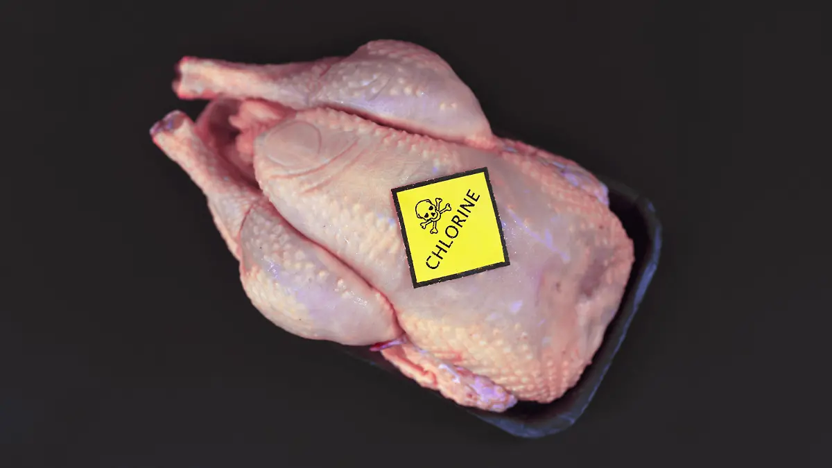 Concept for chlorinated chicken with raw whole chicken with yellow warning label with skull and word 'Chlorine' on it on black background