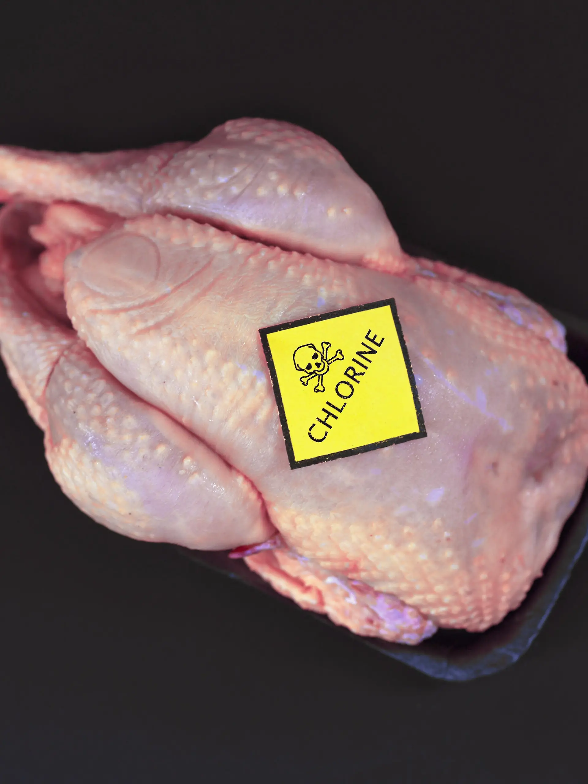 Concept for chlorinated chicken with raw whole chicken with yellow warning label with skull and word 'Chlorine' on it on black background