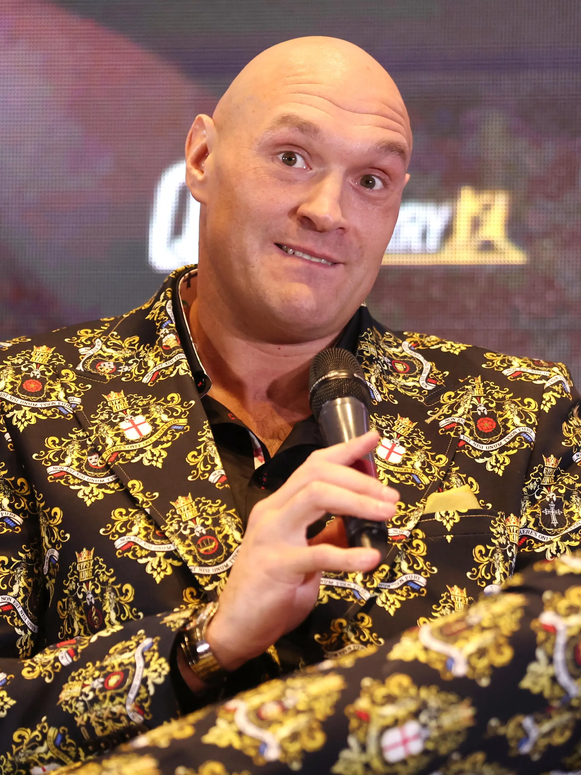 LONDON, ENGLAND - DECEMBER 01: Tyson Fury speaks during the Tyson Fury v Derek Chisora: Press Conference at Tottenham Hotspur Stadium on December 01, 2022 in London, England. (Photo by Warren Little/Getty Images)