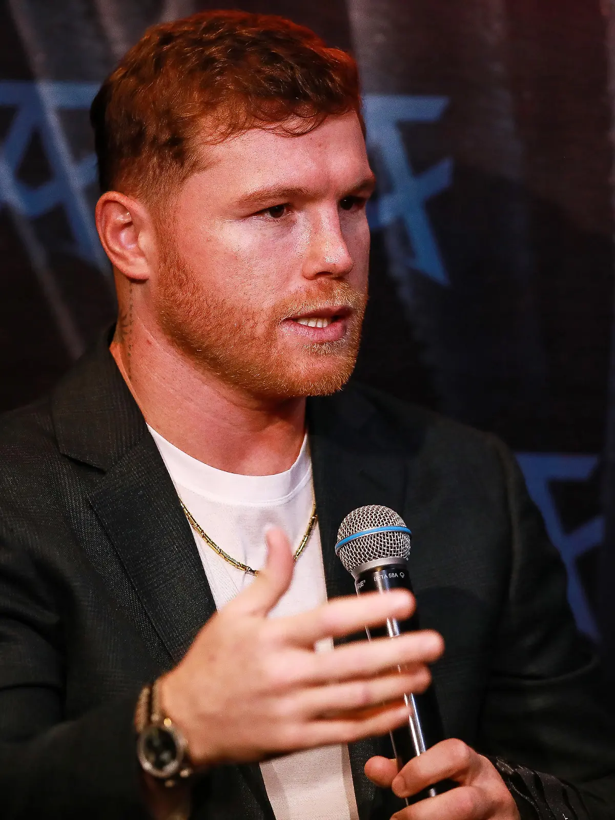 MEXICO CITY, MEXICO - NOVEMBER 16: Saul 'Canelo' Alvarez speaks during the press conference on the 'VMC' beverages by 'Canelo' Alvarez at Monumento A La Revolucion on November 16, 2022 in Mexico City, Mexico. (Photo by Manuel Velasquez/Getty Images)