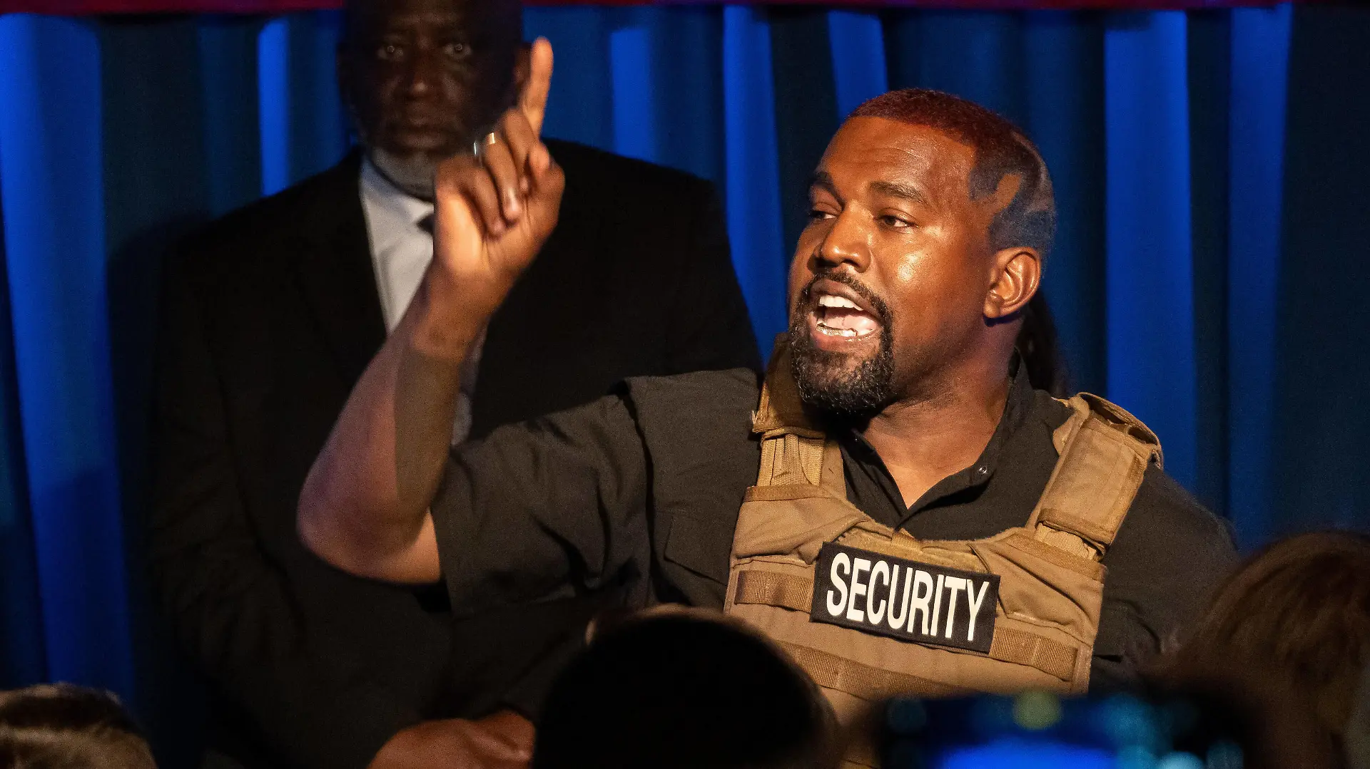 American rapper and entrepreneur Kanye West, wearing a bulletproof vest, addresses supporters during his first campaign event in the upcoming presidential election, Sunday, July 19 2020, in North Charleston, South Carolina. Kanye told the crowd that everyone that has a baby should get a million dollars and that marijuana should be free. PUBLICATIONxINxGERxSUIxAUTxHUNxONLY CHS20200719202 RICHARDxELLIS