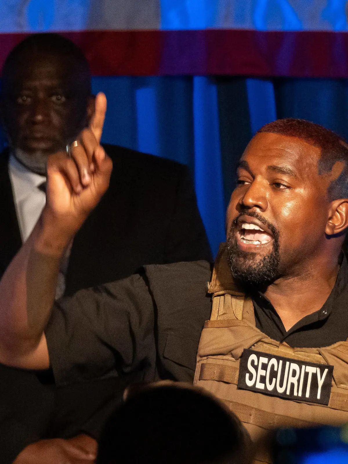  American rapper and entrepreneur Kanye West, wearing a bulletproof vest, addresses supporters during his first campaign event in the upcoming presidential election, Sunday, July 19 2020, in North Charleston, South Carolina. Kanye told the crowd that everyone that has a baby should get a million dollars and that marijuana should be free. PUBLICATIONxINxGERxSUIxAUTxHUNxONLY CHS20200719202 RICHARDxELLIS