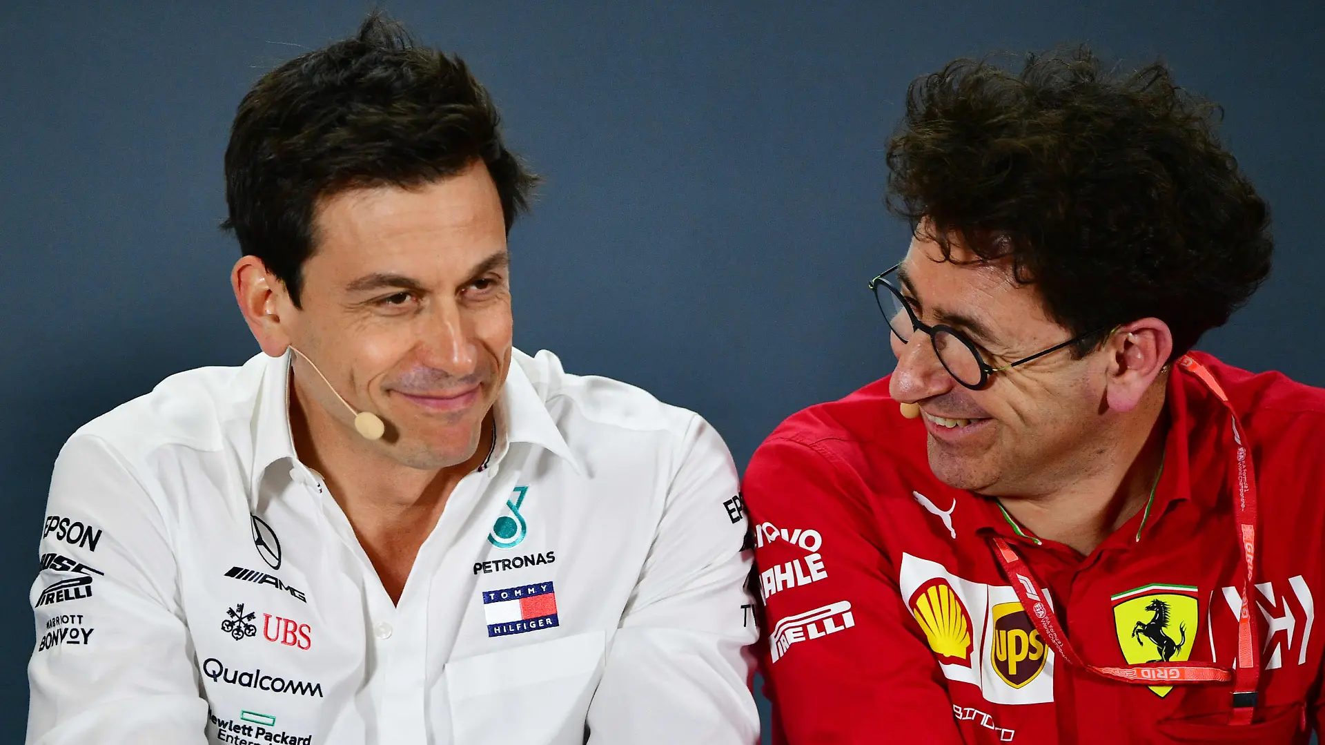 2019 Abu Dhabi GP YAS MARINA CIRCUIT, UNITED ARAB EMIRATES - NOVEMBER 29: Toto Wolff, Executive Director Business, Mercedes AMG, and Mattia Binotto, Team Principal Ferrari during the Abu Dhabi GP at Yas Marina Circuit on November 29, 2019 in Yas Marina Circuit, United Arab Emirates. Photo by Simon Galloway / Sutton Images Images PUBLICATIONxINxGERxSUIxAUTxHUNxONLY SG20266