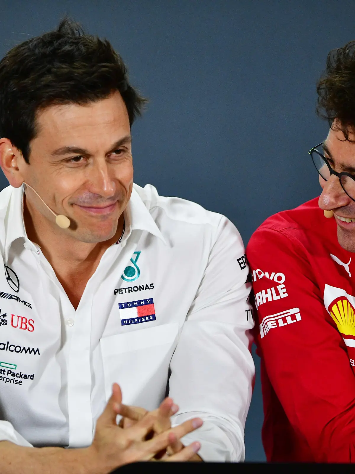  2019 Abu Dhabi GP YAS MARINA CIRCUIT, UNITED ARAB EMIRATES - NOVEMBER 29: Toto Wolff, Executive Director Business, Mercedes AMG, and Mattia Binotto, Team Principal Ferrari during the Abu Dhabi GP at Yas Marina Circuit on November 29, 2019 in Yas Marina Circuit, United Arab Emirates. Photo by Simon Galloway / Sutton Images Images PUBLICATIONxINxGERxSUIxAUTxHUNxONLY SG20266
