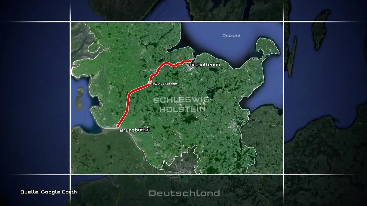 Route des Nord-Ostsee-Kanals von Kiel-Holtenau nach Brunsbüttel