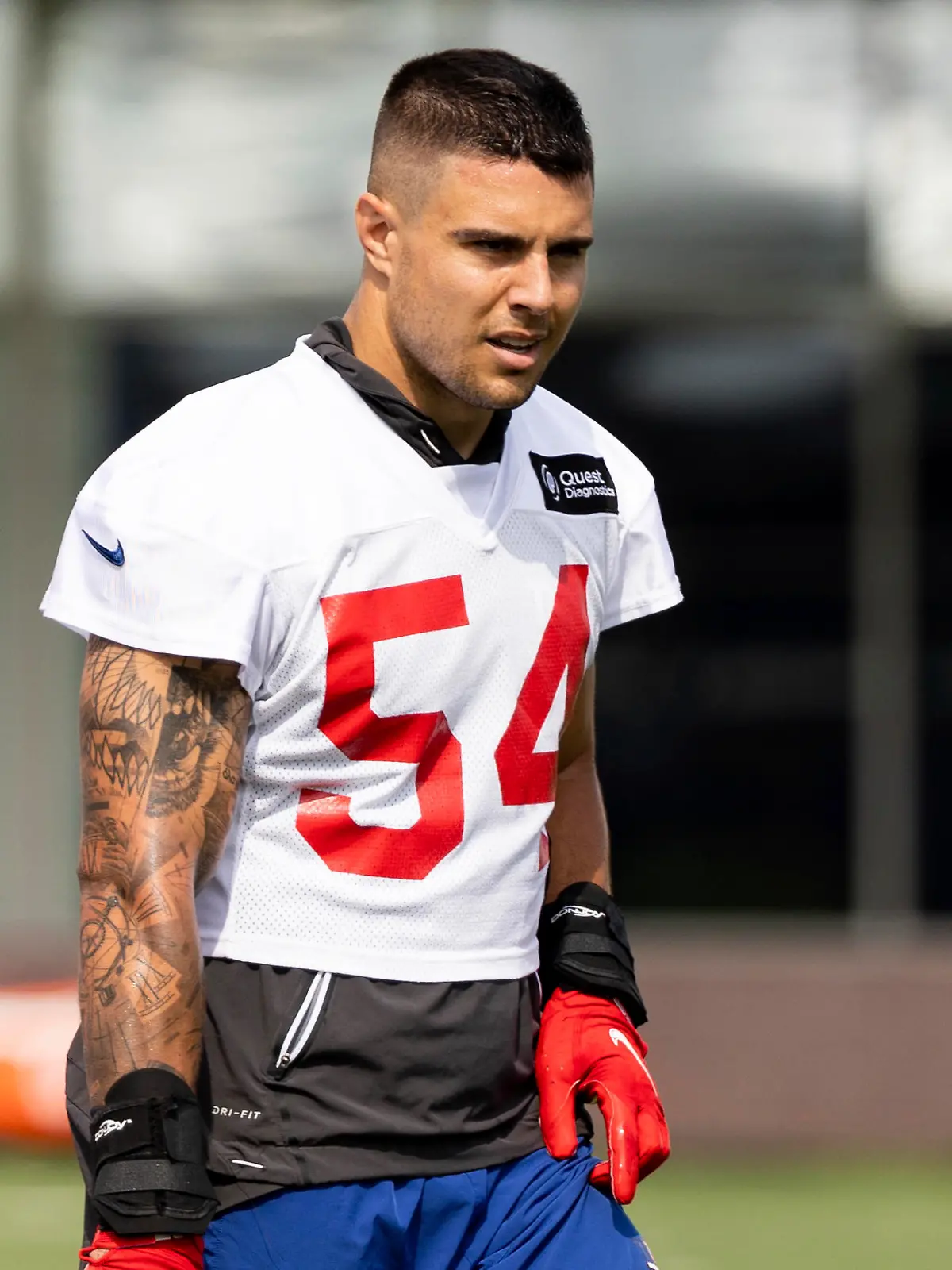 New York Giants linebacker Blake Martinez watches during the NFL football team's training camp in East Rutherford, N.J., Wednesday, July 28, 2022. (AP Photo/Julia Nikhinson)