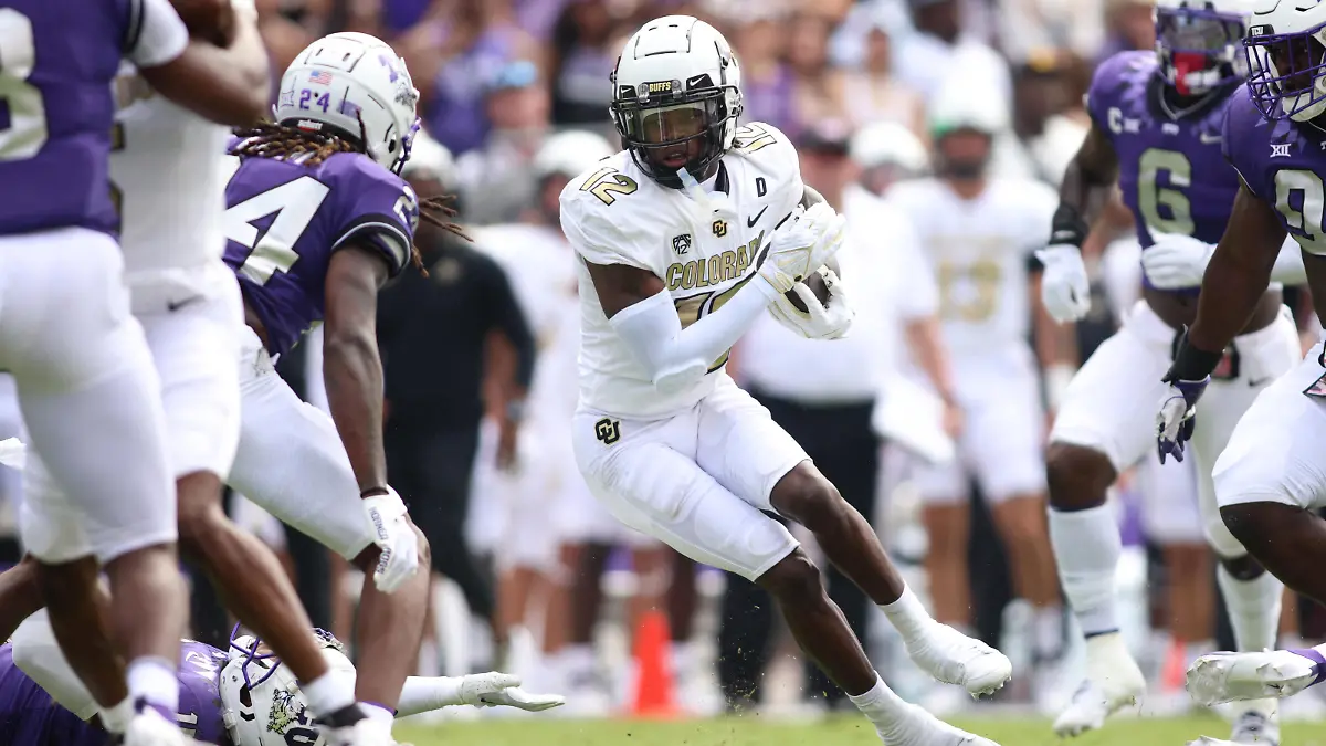Sep 2, 2023; Fort Worth, Texas, USA; Colorado Buffaloes wide receiver Travis Hunter (12) runs after catching a ball in the first half against the TCU Horned Frogs at Amon G. Carter Stadium. Mandatory Credit: Tim Heitman-USA TODAY Sports