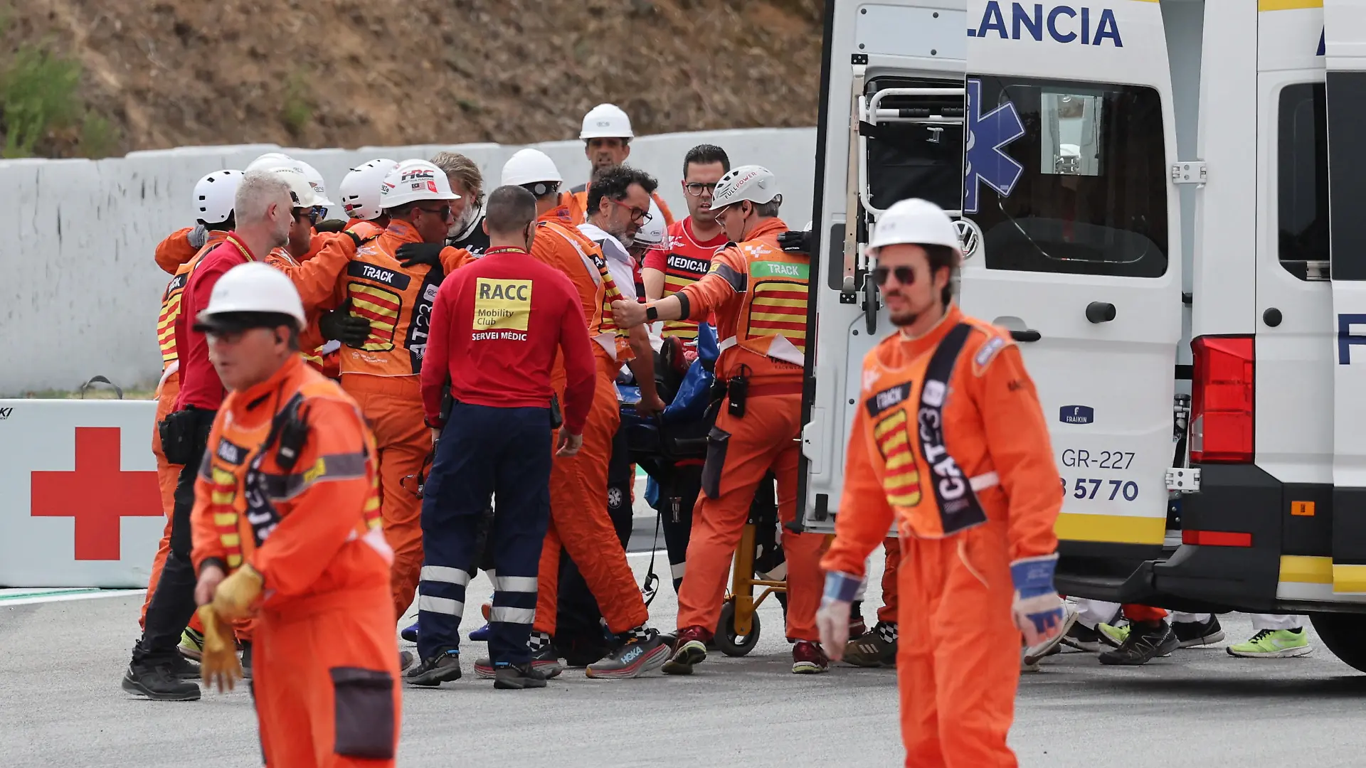 MotoGP - Catalunya Grand Prix - Circuit de Barcelona-Catalunya, Barcelona, Spain - September 3, 2023 Ducati Lenovo Team's Francesco Bagnaia receives medical attention after crashing during the MotoGP race REUTERS/Nacho Doce