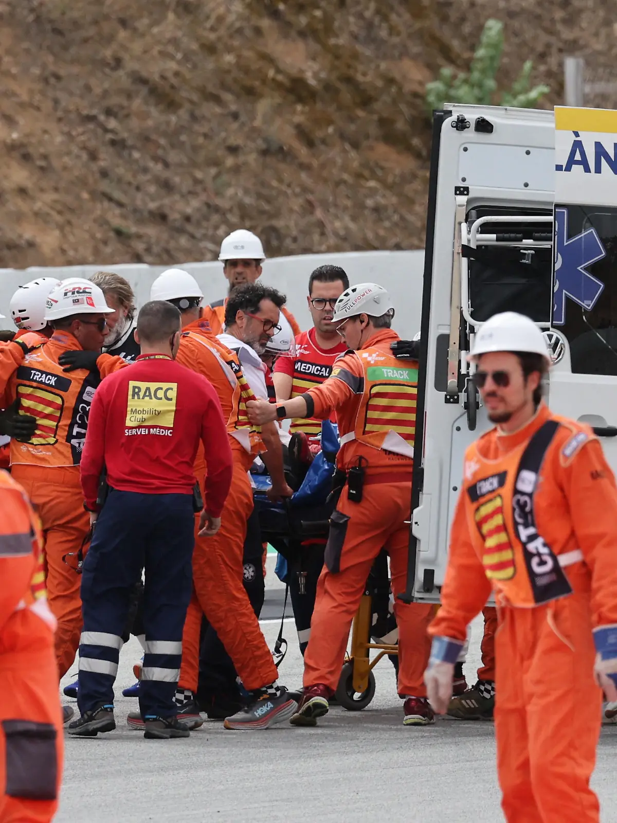 MotoGP - Catalunya Grand Prix - Circuit de Barcelona-Catalunya, Barcelona, Spain - September 3, 2023 Ducati Lenovo Team's Francesco Bagnaia receives medical attention after crashing during the MotoGP race REUTERS/Nacho Doce