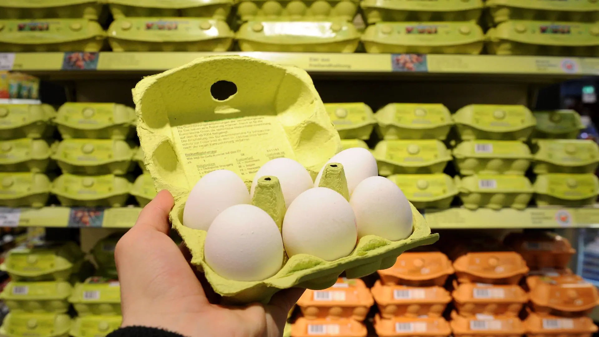 ILLUSTRATION - SYMBOLBILD - Eine Eier-Packung, aufgenommen am Montag (10.01.2011) in einem Supermarkt in Mülheim (Ruhr). Im Skandal um Dioxin im Tierfutter wurden bisher in 19 Lebensmittel-Proben überhöhte Gift-Werte ermittelt. Es handelte sich um 18 Proben von Eiern und eine Probe von Legehennenfleisch, wie aus einer Aufstellung des Verbraucherschutzministeriums in Berlin hervorgeht, die der Deutschen Presse-Agentur am Montagabend vorlag. Foto: Julian Stratenschulte dpa/lnw +++(c) dpa - Bildfunk+++