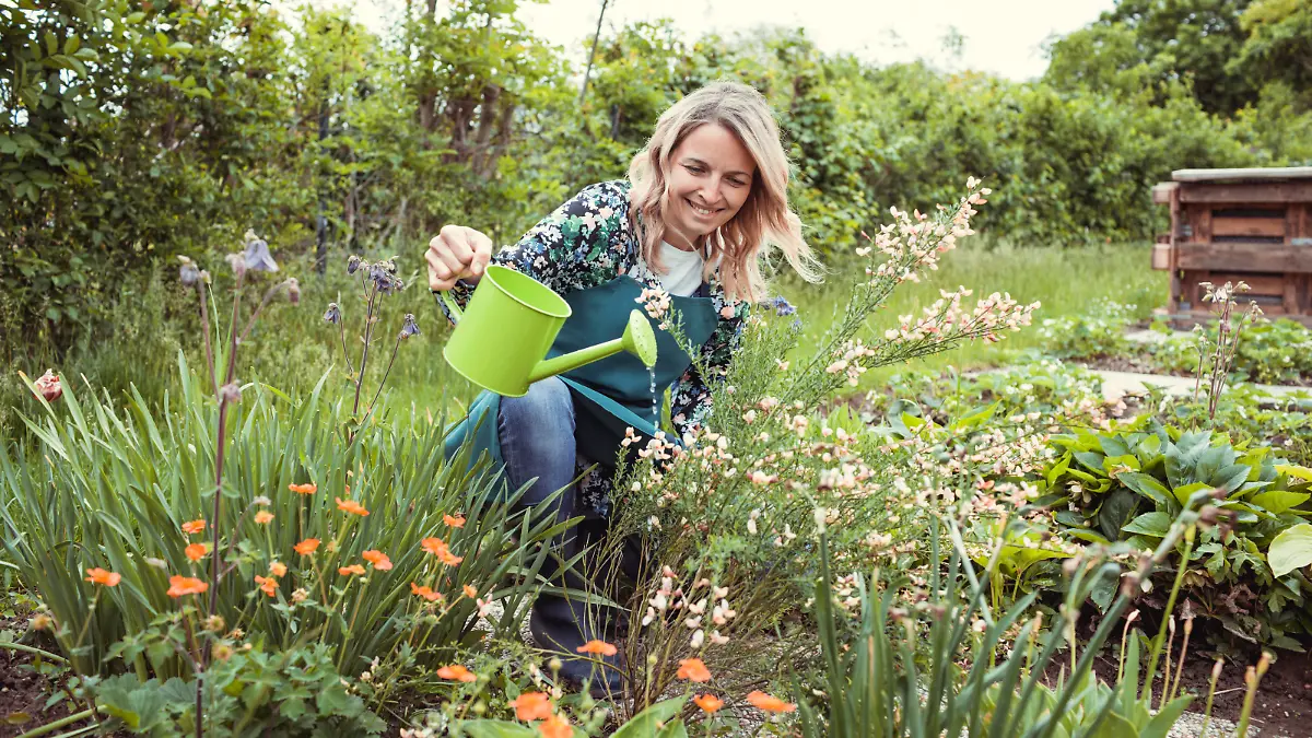 pretty blonde gardener working in garden with flowers and wearing green work apron
