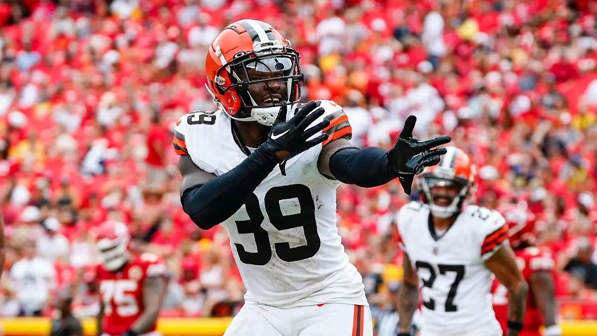 Aug 26, 2023; Kansas City, Missouri, USA; Cleveland Browns cornerback Caleb Biggers (39) celebrates after returning an interception for a touchdown against the Kansas City Chiefs during the first half at GEHA Field at Arrowhead Stadium. Mandatory Credit: Jay Biggerstaff-USA TODAY Sports