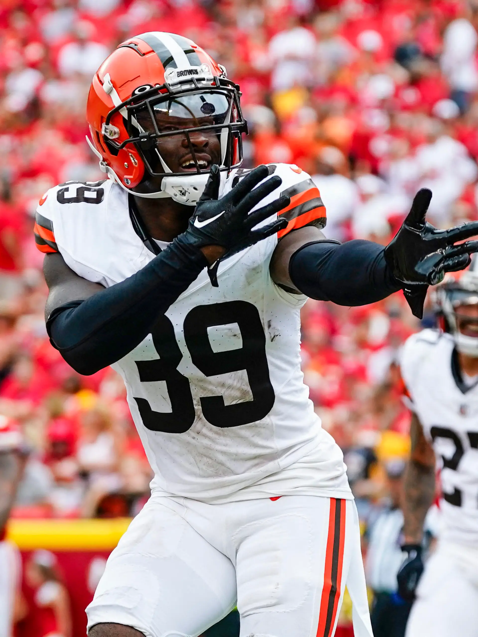 Aug 26, 2023; Kansas City, Missouri, USA; Cleveland Browns cornerback Caleb Biggers (39) celebrates after returning an interception for a touchdown against the Kansas City Chiefs during the first half at GEHA Field at Arrowhead Stadium. Mandatory Credit: Jay Biggerstaff-USA TODAY Sports