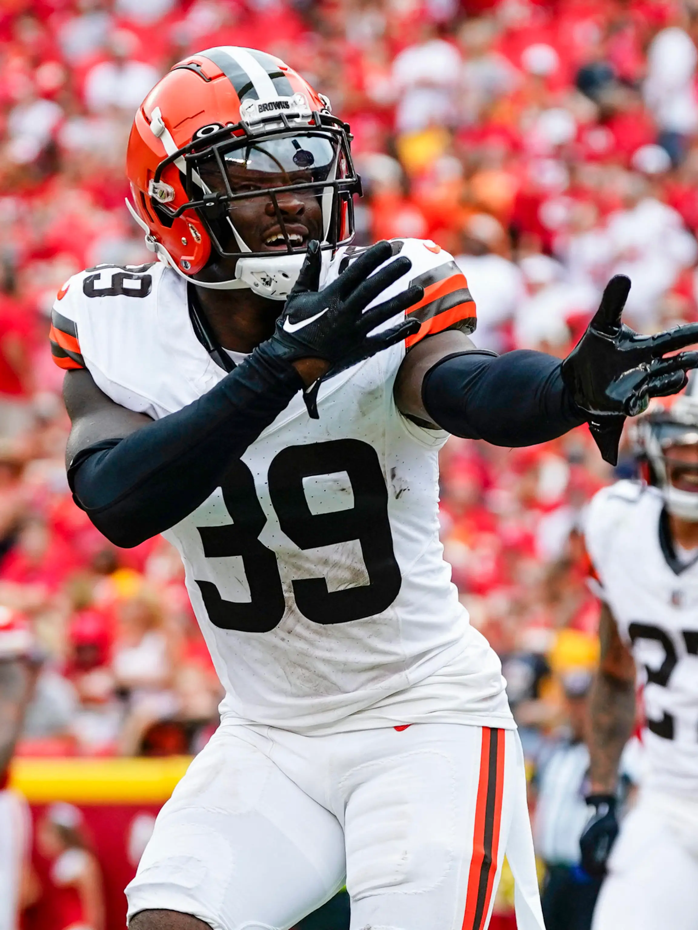 Aug 26, 2023; Kansas City, Missouri, USA; Cleveland Browns cornerback Caleb Biggers (39) celebrates after returning an interception for a touchdown against the Kansas City Chiefs during the first half at GEHA Field at Arrowhead Stadium. Mandatory Credit: Jay Biggerstaff-USA TODAY Sports