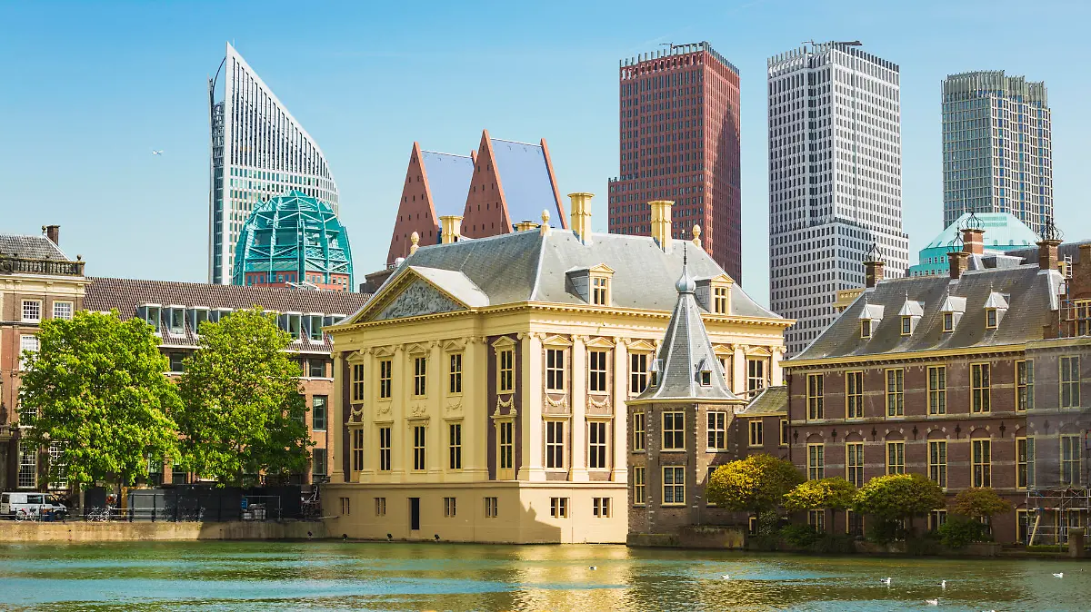 Parliament building, museum and skyscrapers in The Hague, Netherlands.