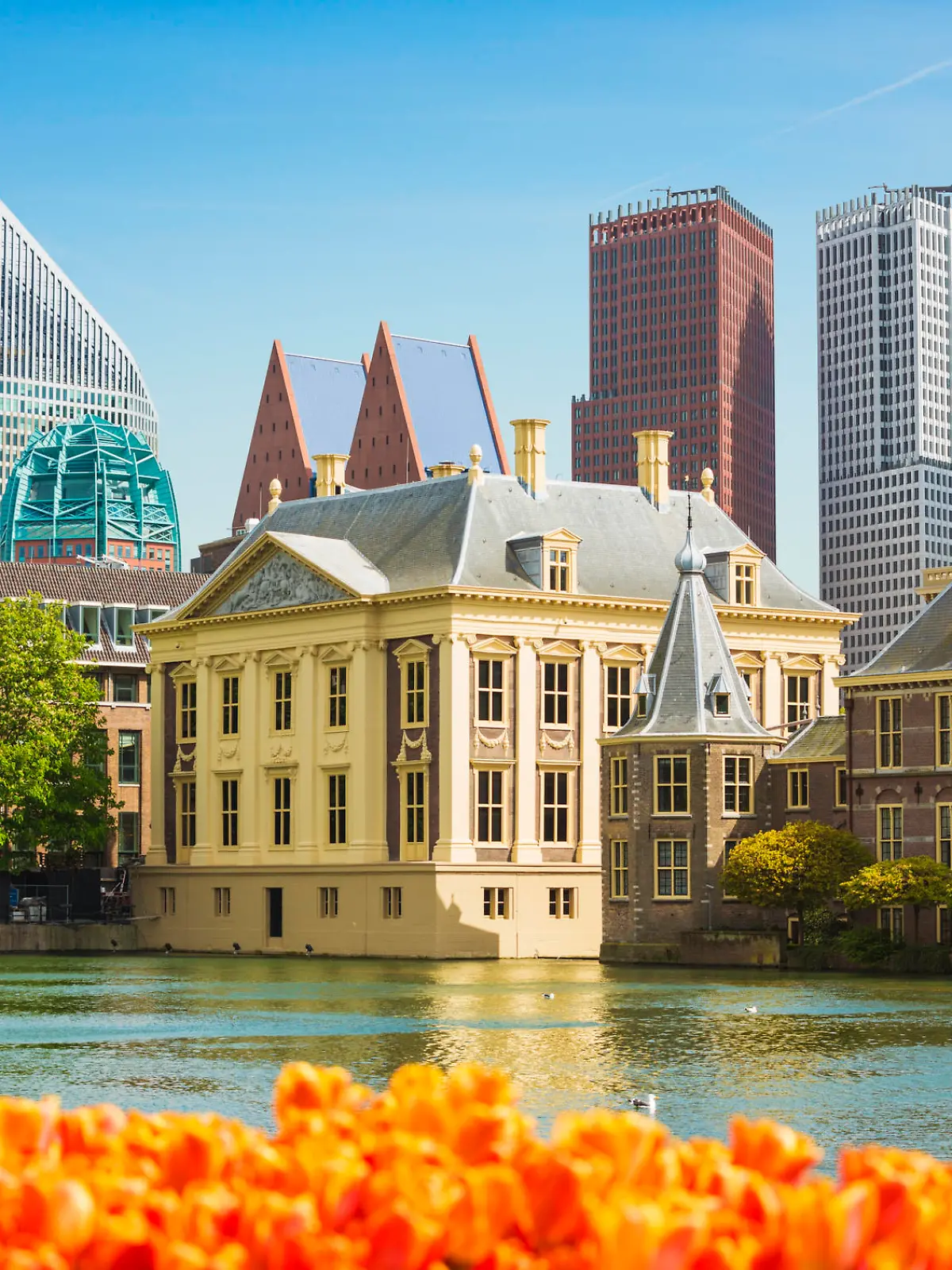 Parliament building, museum and skyscrapers in The Hague, Netherlands.