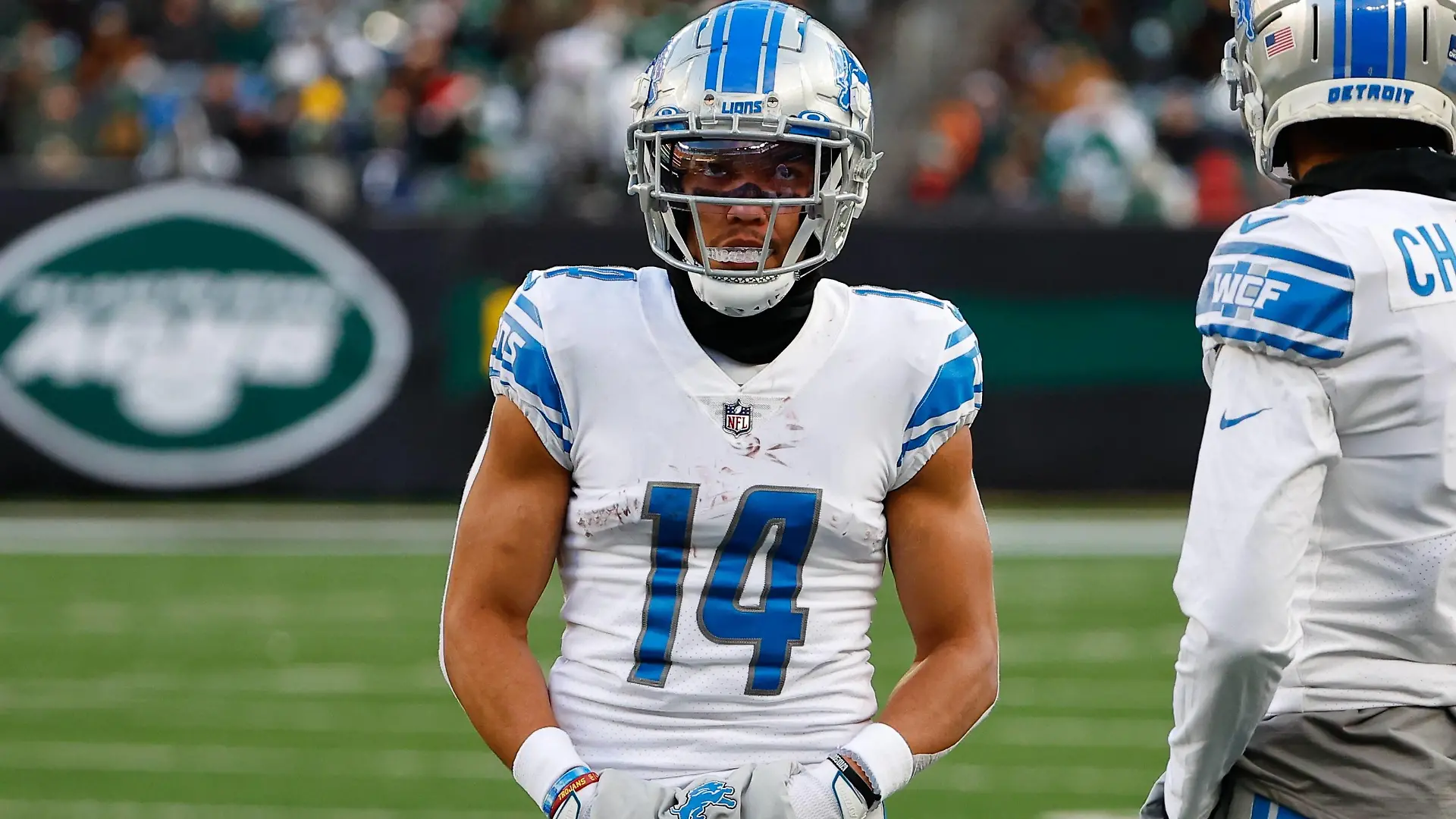 EAST RUTHERFORD, NJ - DECEMBER 18: Detroit Lions wide receiver Amon-Ra St. Brown 14 during the National Football League game between the New York Jets and the Detroit Lions on December 18, 2022 at MetLife Stadium in East Rutherford, New Jersey. Photo by Rich Graessle/Icon Sportswire NFL, American Football Herren, USA DEC 18 Lions at Jets Icon22121811302 