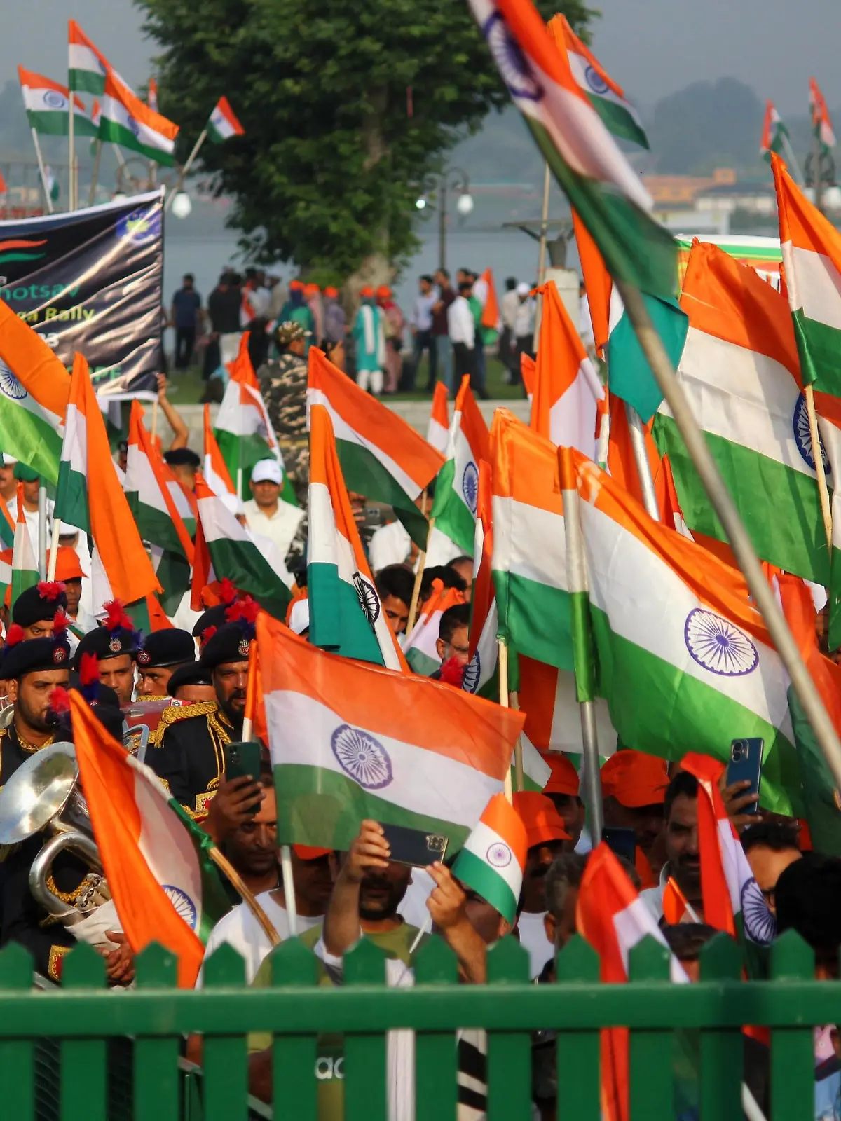Meri Maati Mera Desh My soil, My country rally in Kashmir BJP Members and locas hold National flags as they take part in Meri Maati Mera Desh My soil, My country bike and road walk rally ahead of Independence Day celebrations on August 12, 2023 in Srinagar, India. Srinagar Jammu and Kashmir India Copyright: MubashirxHassan