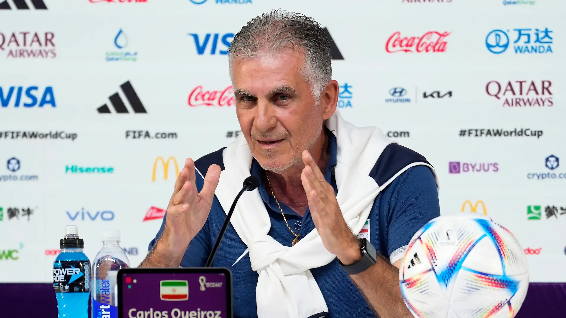 Iran's head coach Carlos Queiroz attends a press conference on the eve of the group B World Cup soccer match between Iran and the United States in Doha, Qatar, Monday, Nov. 28, 2022. (AP Photo/Ashley Landis)