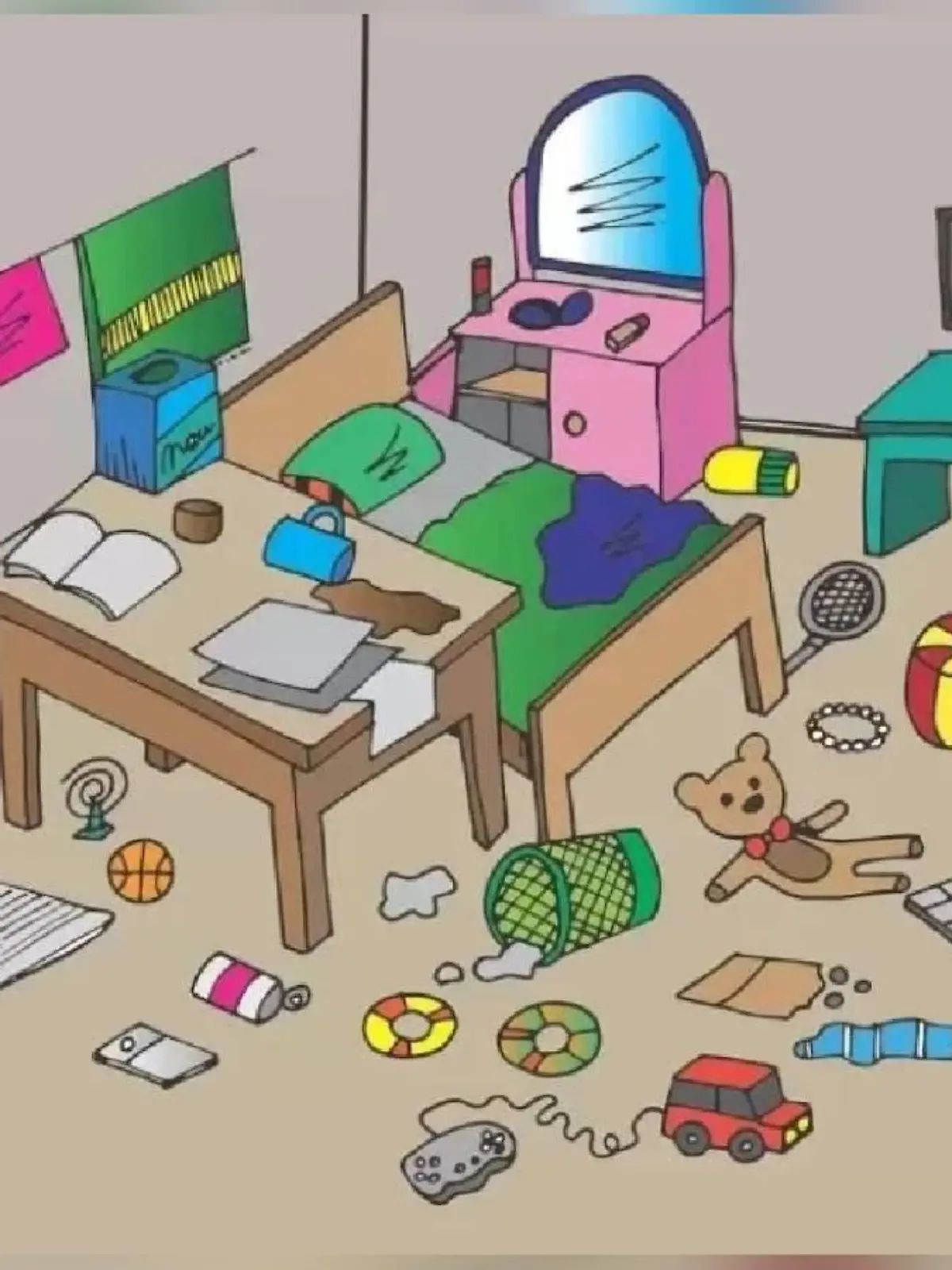 Suchbild mit chaotischem Kinderzimmer