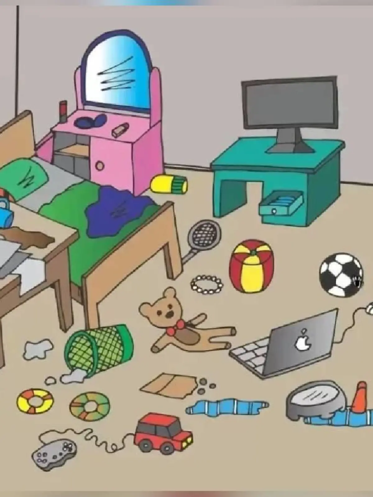 Suchbild mit chaotischem Kinderzimmer