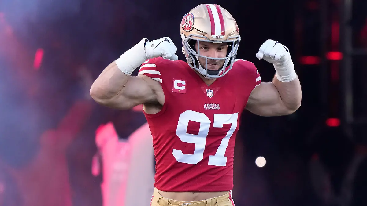 FILE - San Francisco 49ers defensive end Nick Bosa (97) is introduced before an NFL divisional round playoff football game against the Dallas Cowboys in Santa Clara, Calif., Sunday, Jan. 22, 2023. Bosa made an immediate impact on the Niners defense after being drafted second overall in 2019, winning Defensive Rookie of the Year and helping San Francisco reach the Super Bowl. (AP Photo/Godofredo A. Vásquez, File)