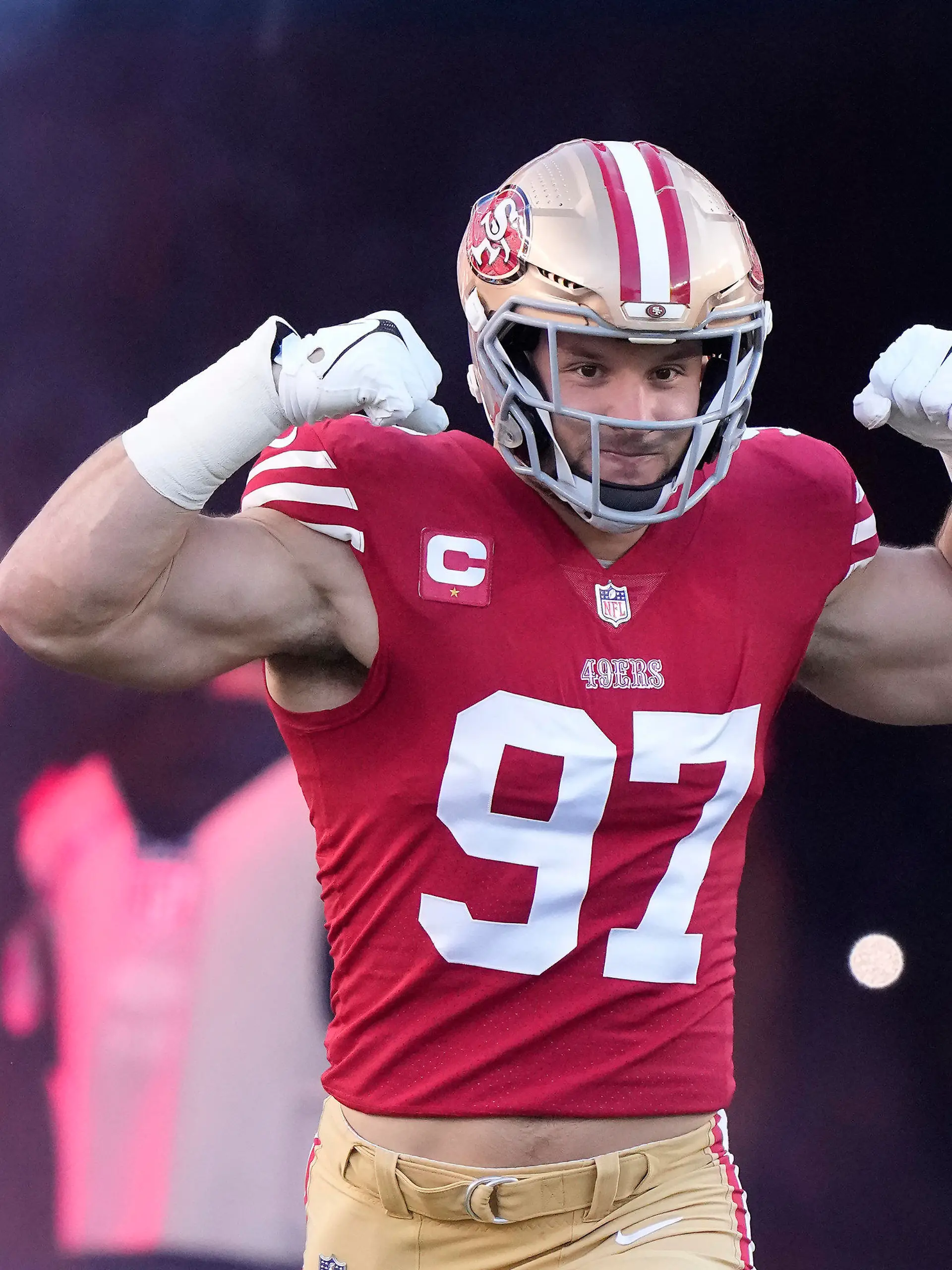 FILE - San Francisco 49ers defensive end Nick Bosa (97) is introduced before an NFL divisional round playoff football game against the Dallas Cowboys in Santa Clara, Calif., Sunday, Jan. 22, 2023. Bosa made an immediate impact on the Niners defense after being drafted second overall in 2019, winning Defensive Rookie of the Year and helping San Francisco reach the Super Bowl. (AP Photo/Godofredo A. Vásquez, File)