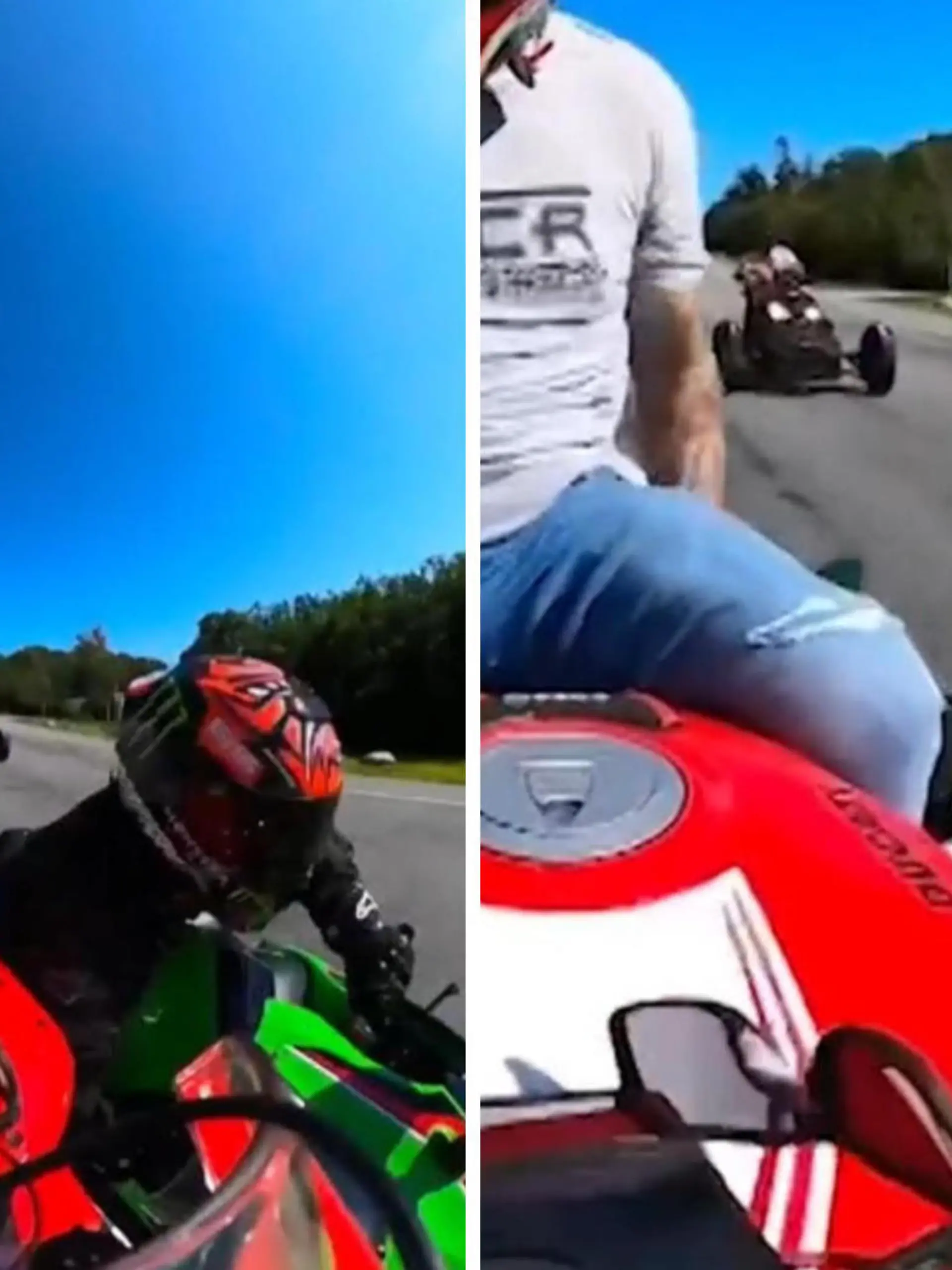 Dieser Unfall endet beinahe tödlich: bei einem Crash zwischen zwei Motorrädern, gerät einer der Fahrer fast unter die Räder. Doch die schnellen Reflexe und gute Gleichgewicht des anderen verhindern Schlimmeres.