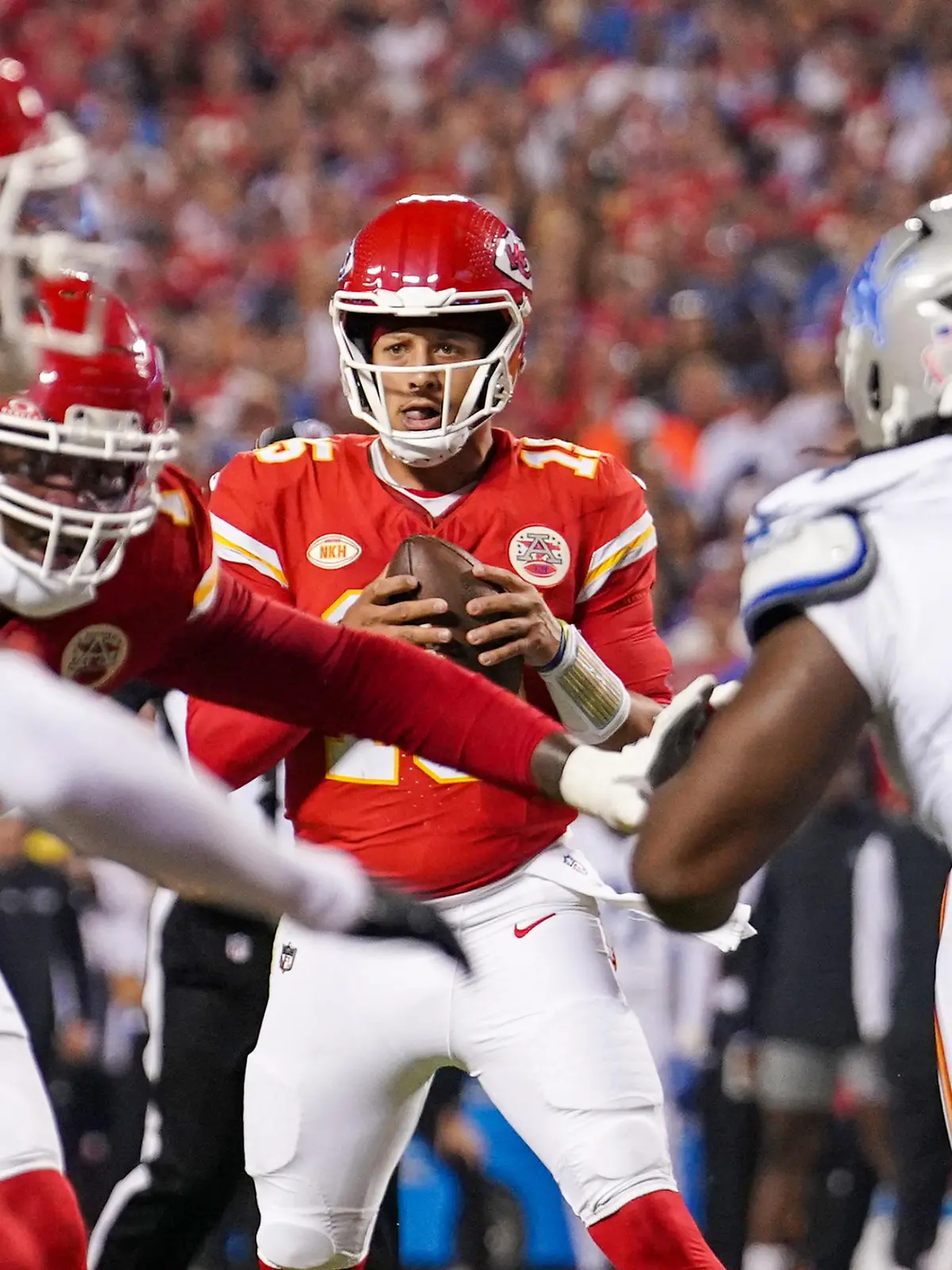 Sep 7, 2023; Kansas City, Missouri, USA; Kansas City Chiefs quarterback Patrick Mahomes (15) drops back to pass against the Detroit Lions during the first half at GEHA Field at Arrowhead Stadium. Mandatory Credit: Denny Medley-USA TODAY Sports