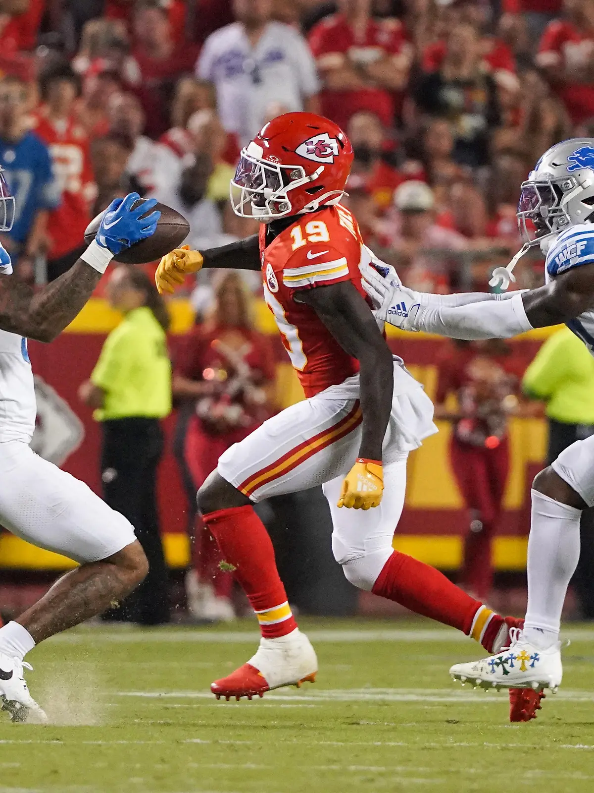 Sep 7, 2023; Kansas City, Missouri, USA; Detroit Lions safety Brian Branch (32) intercepts a pass intended for Kansas City Chiefs wide receiver Kadarius Toney (19) during the second half at GEHA Field at Arrowhead Stadium. Mandatory Credit: Denny Medley-USA TODAY Sports