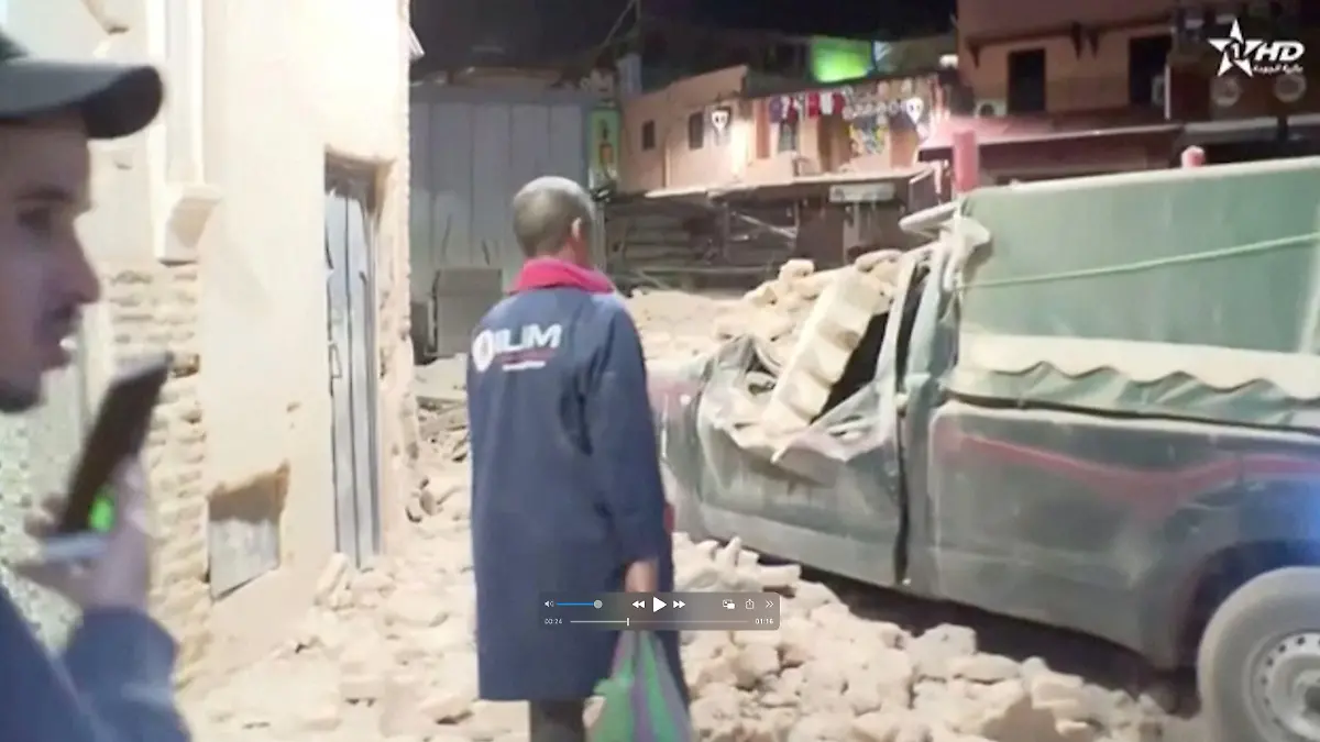 View of rubble from the earthquake in Marrakech, Morocco September 9, 2023 in this screen grab taken from a video. Al Oula TV/Handout via REUTERS THIS IMAGE HAS BEEN SUPPLIED BY A THIRD PARTY. NO RESALES. NO ARCHIVES. MANDATORY CREDIT. MOROCCO OUT. NO COMMERCIAL OR EDITORIAL SALES IN MOROCCO