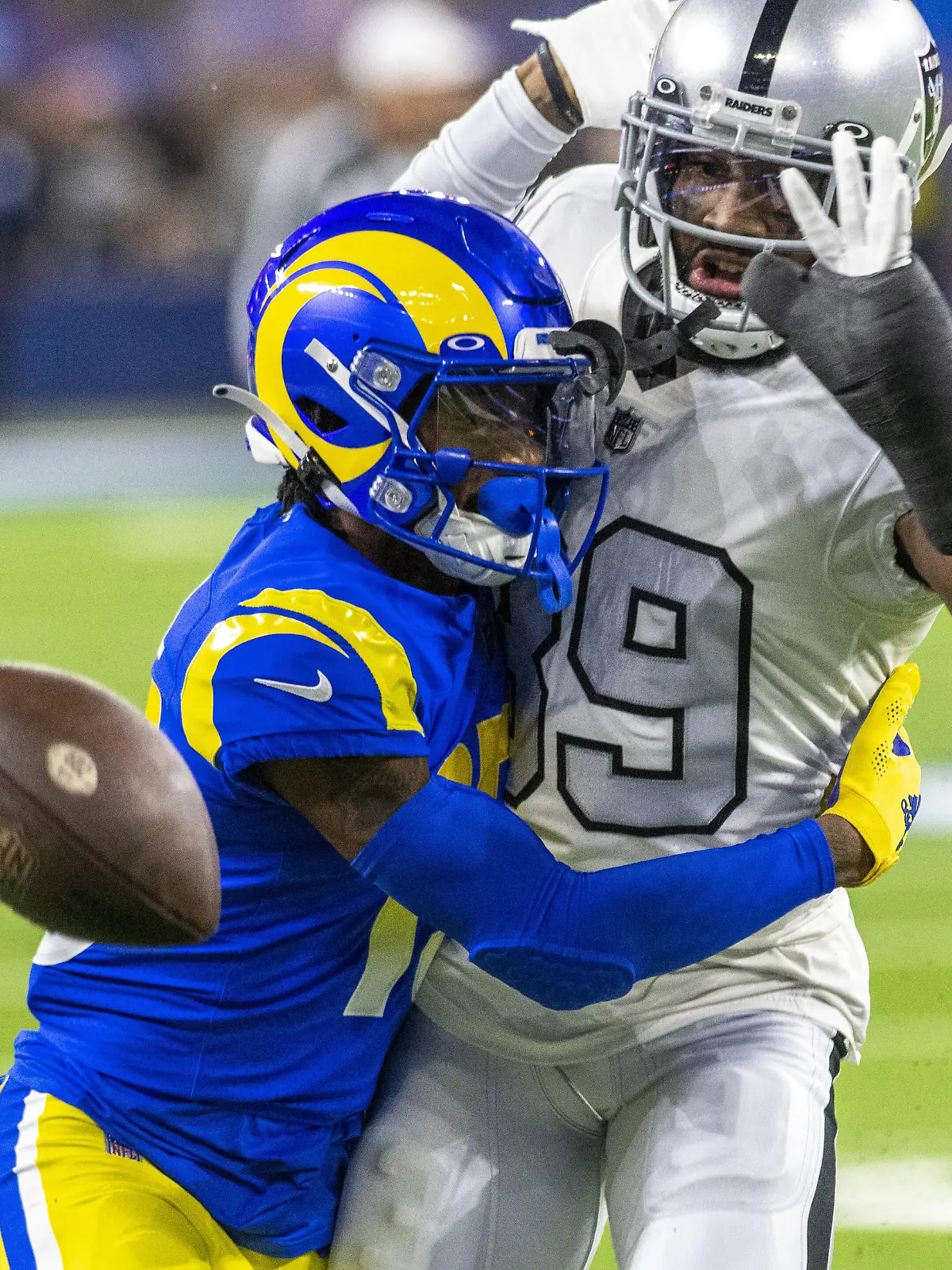 Los Angeles Rams wide receiver Tutu Atwell (15) gets called for offensive pass interference on Las Vegas Raiders cornerback Nate Hobbs (39) during the first half of a game between the Los Angeles Rams and the Las Vegas Raiders at SoFi Stadium in Inglewood CA, Thursday December 8, 2022. Photo by Mike Goulding/UPI Photo via Newscom picture alliance
